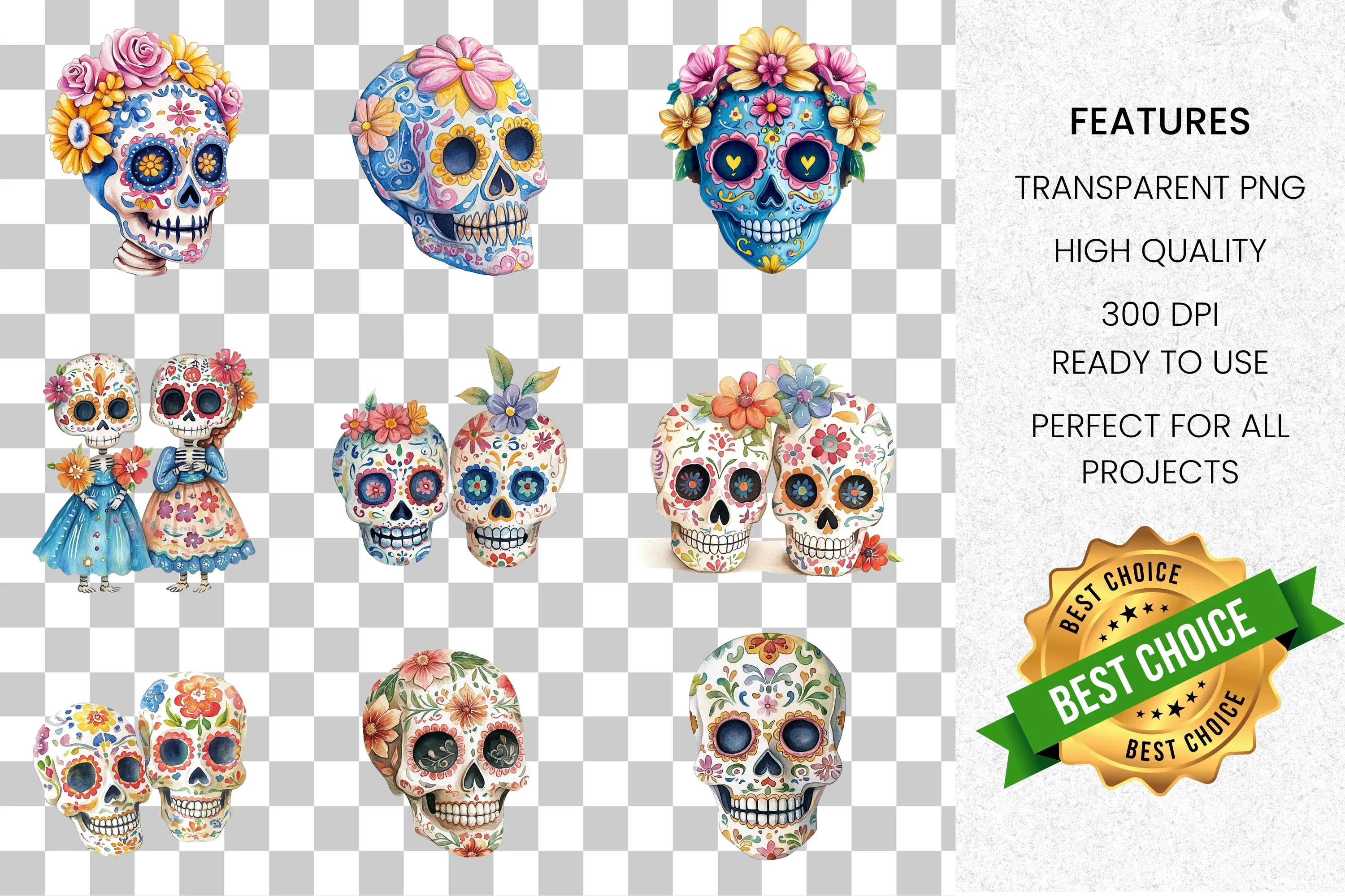 Colorful Sugar Skull Clipart Bundle - Image 8