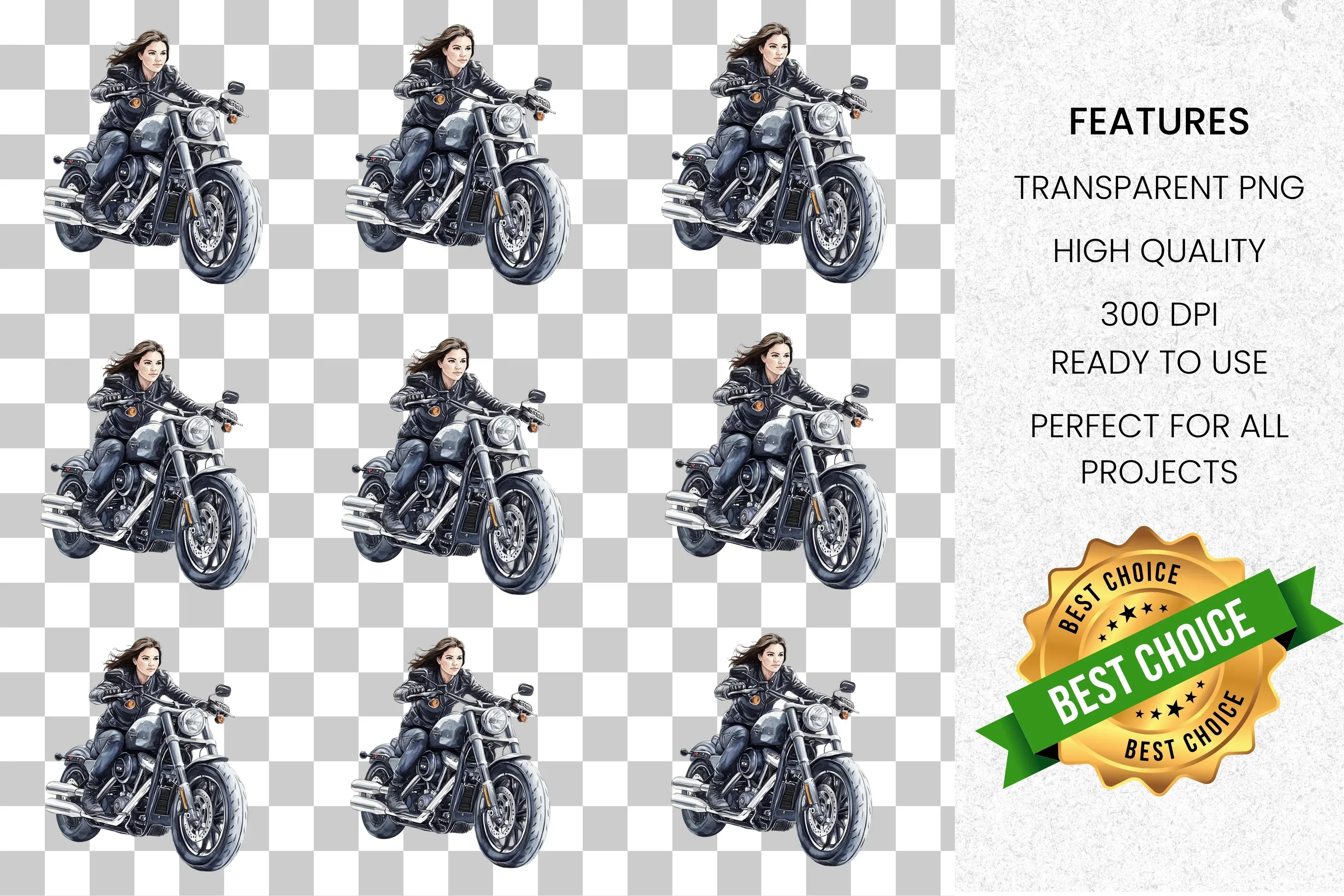 Cool Woman Riding Motorcycle Clipart Bundle - Image 7