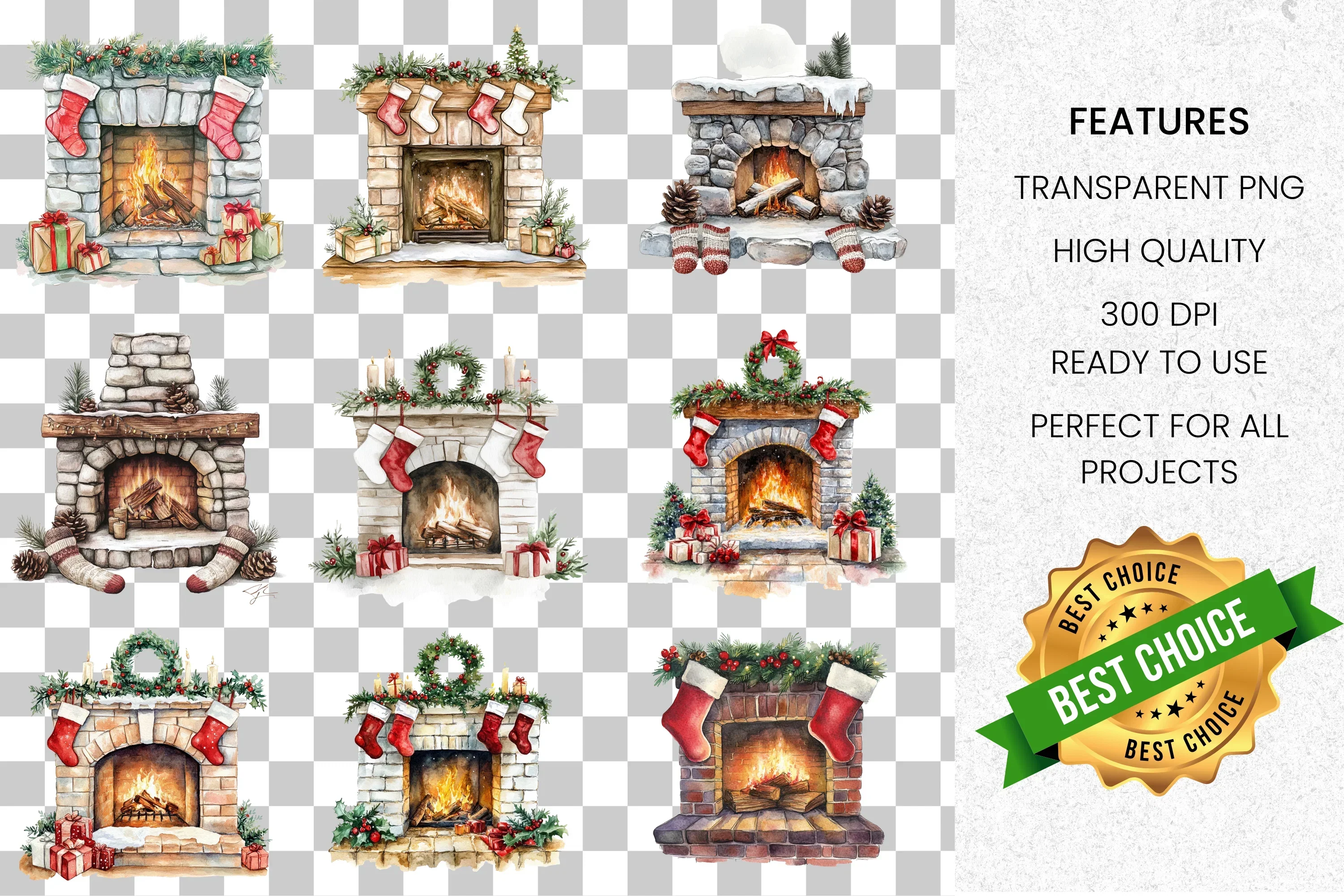 Cozy Christmas Fireplace Clipart Bundle - Image 2