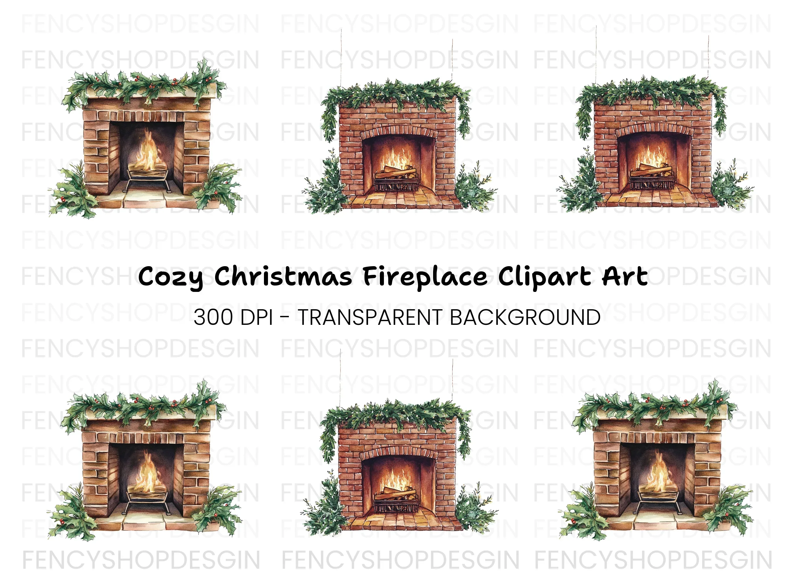 Cozy Christmas Fireplace Clipart Bundle