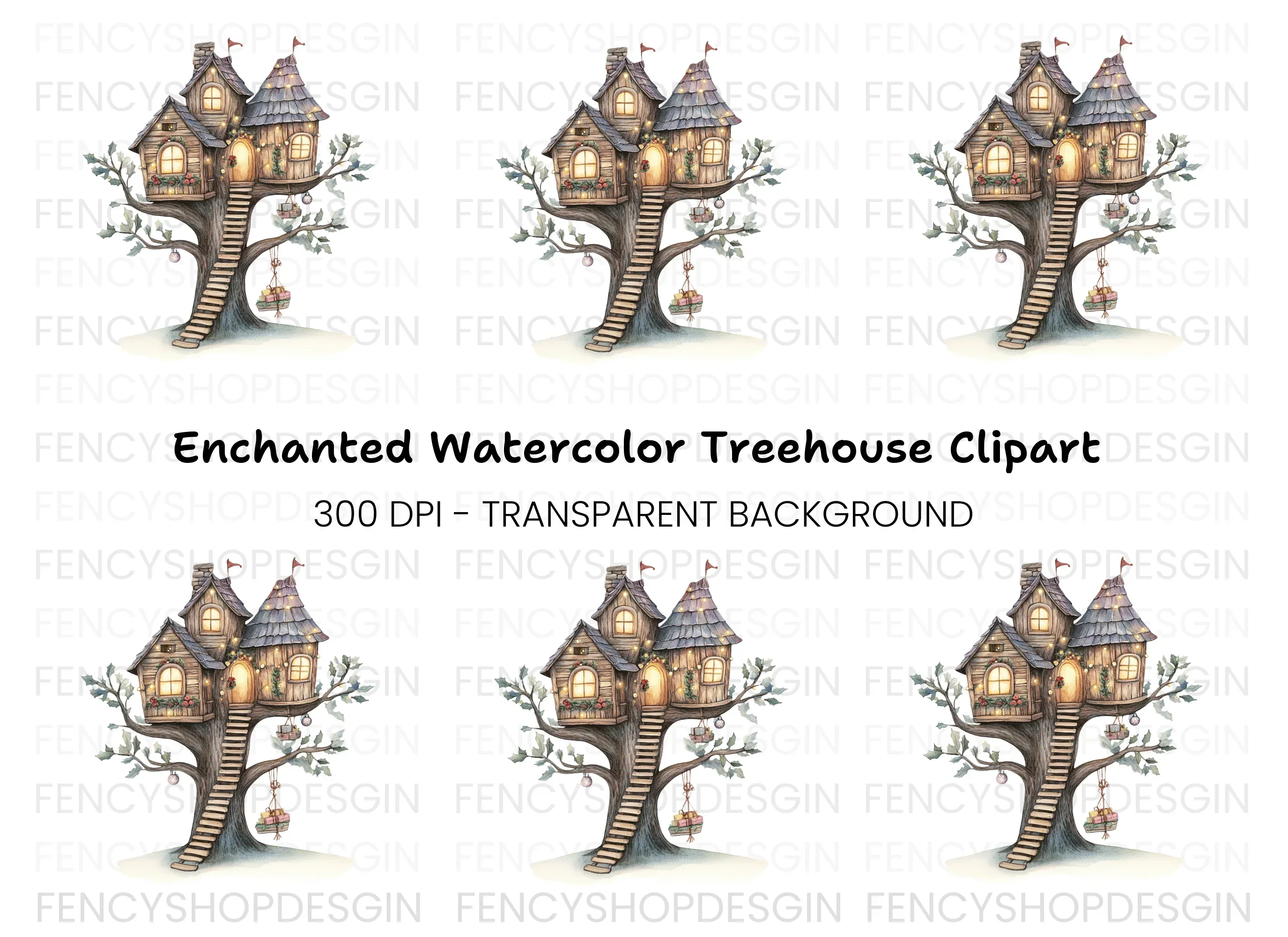 Cozy Christmas Treehouse Clipart Bundle