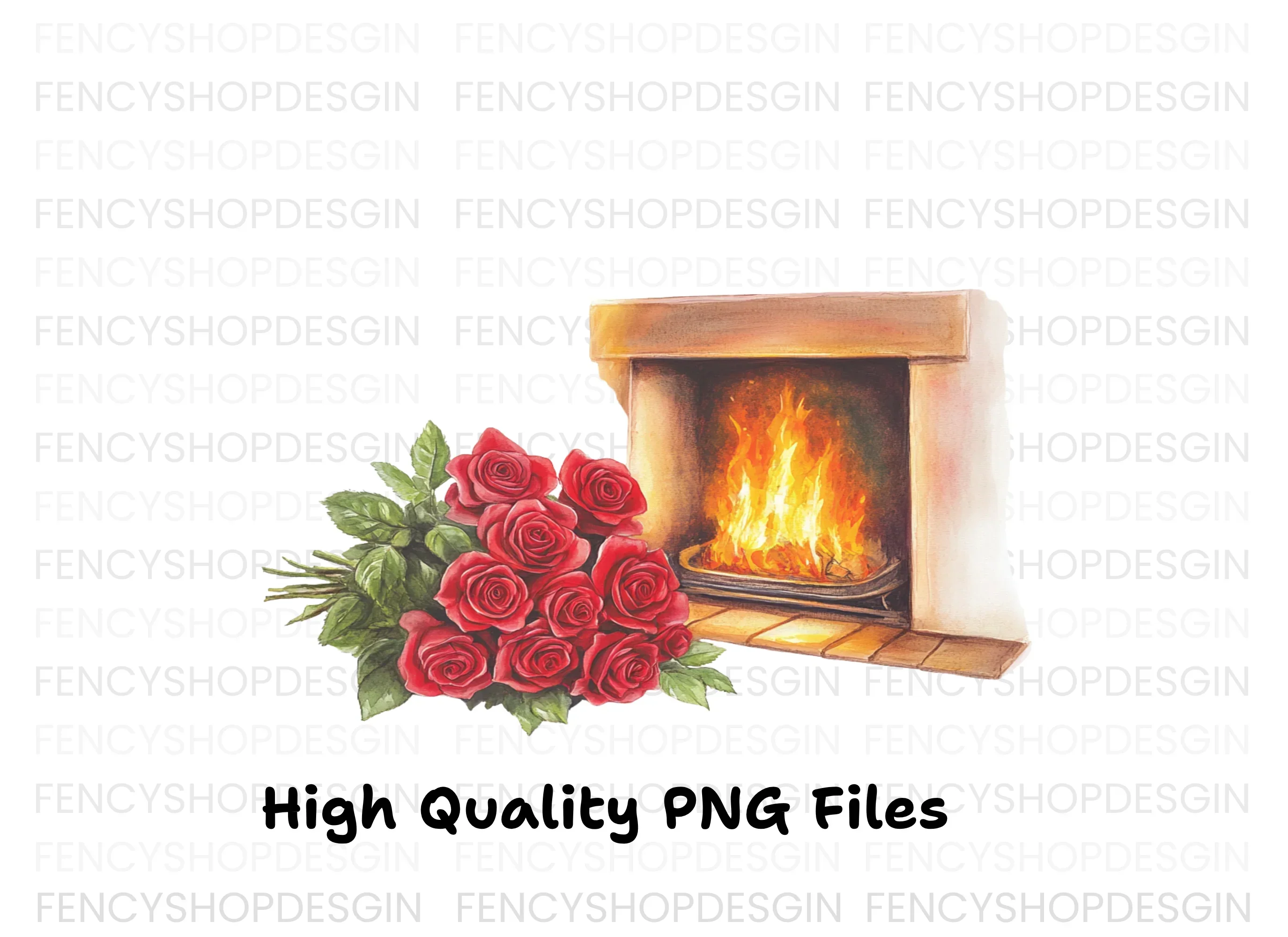 Cozy Fireplace with Red Roses Clipart Bundle - Image 3