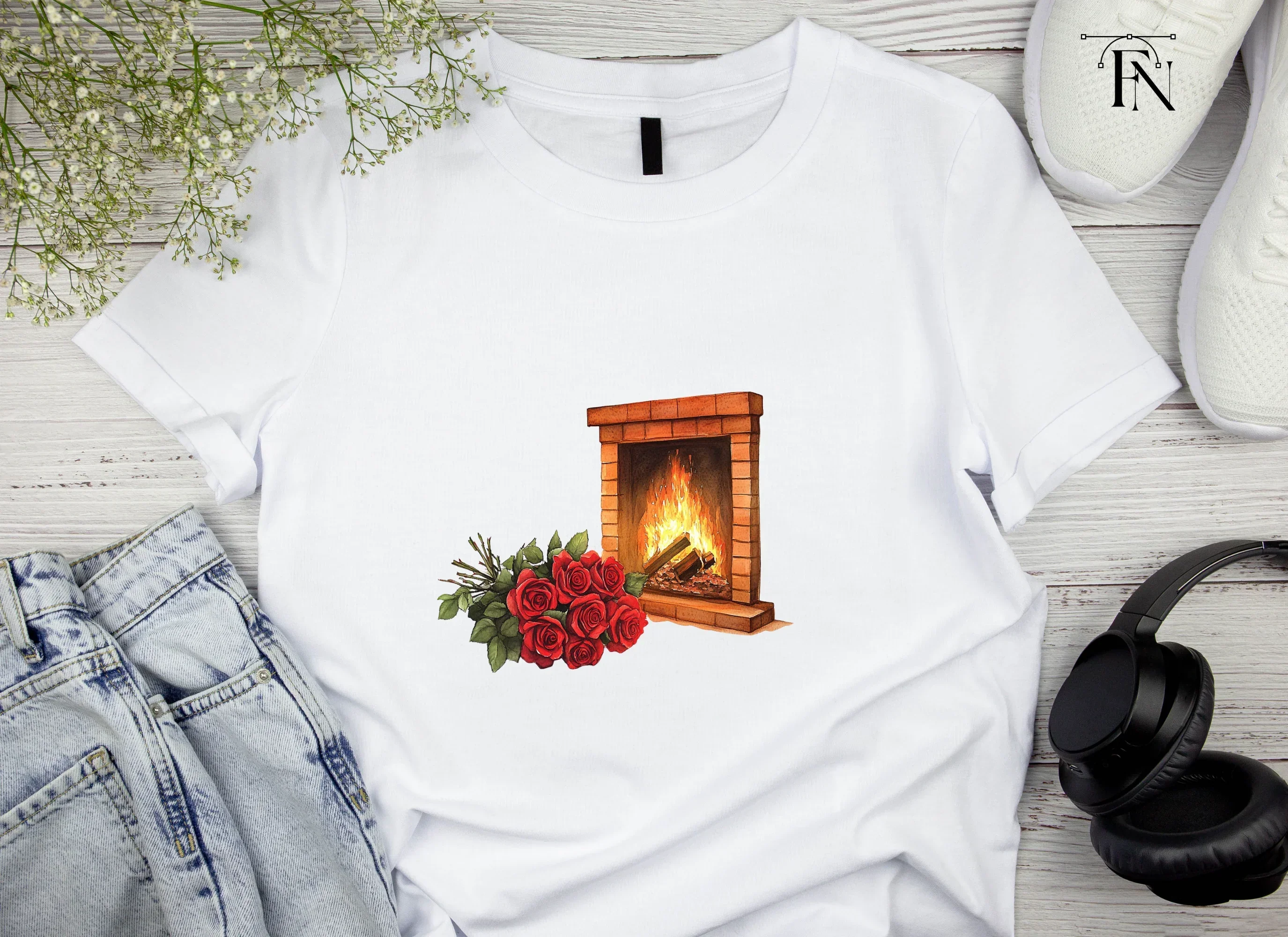 Cozy Fireplace with Red Roses Clipart Bundle - Image 4