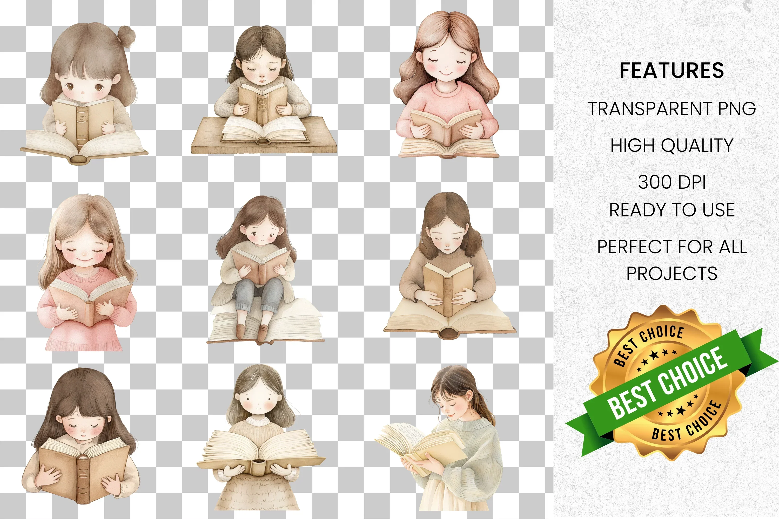 Cozy Girls Reading Books Clipart Bundle - Image 2