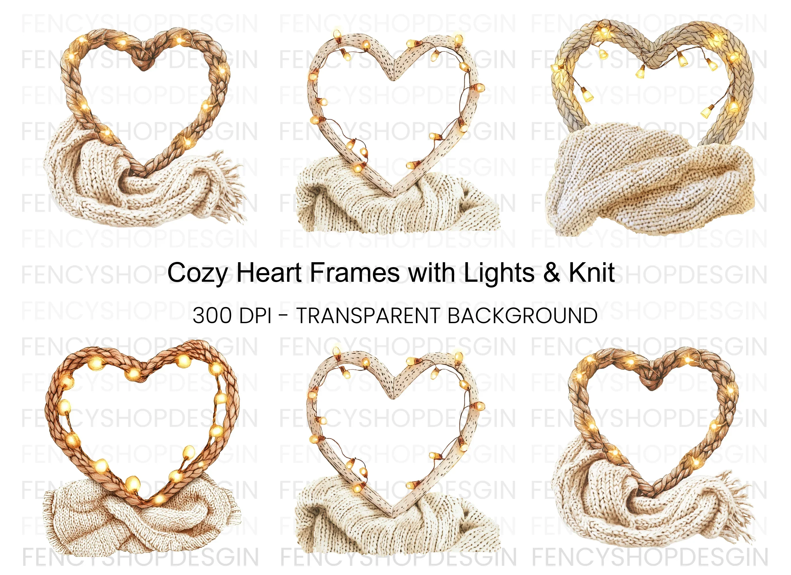 Cozy Heart Frames with Fairy Lights Clipart Bundle