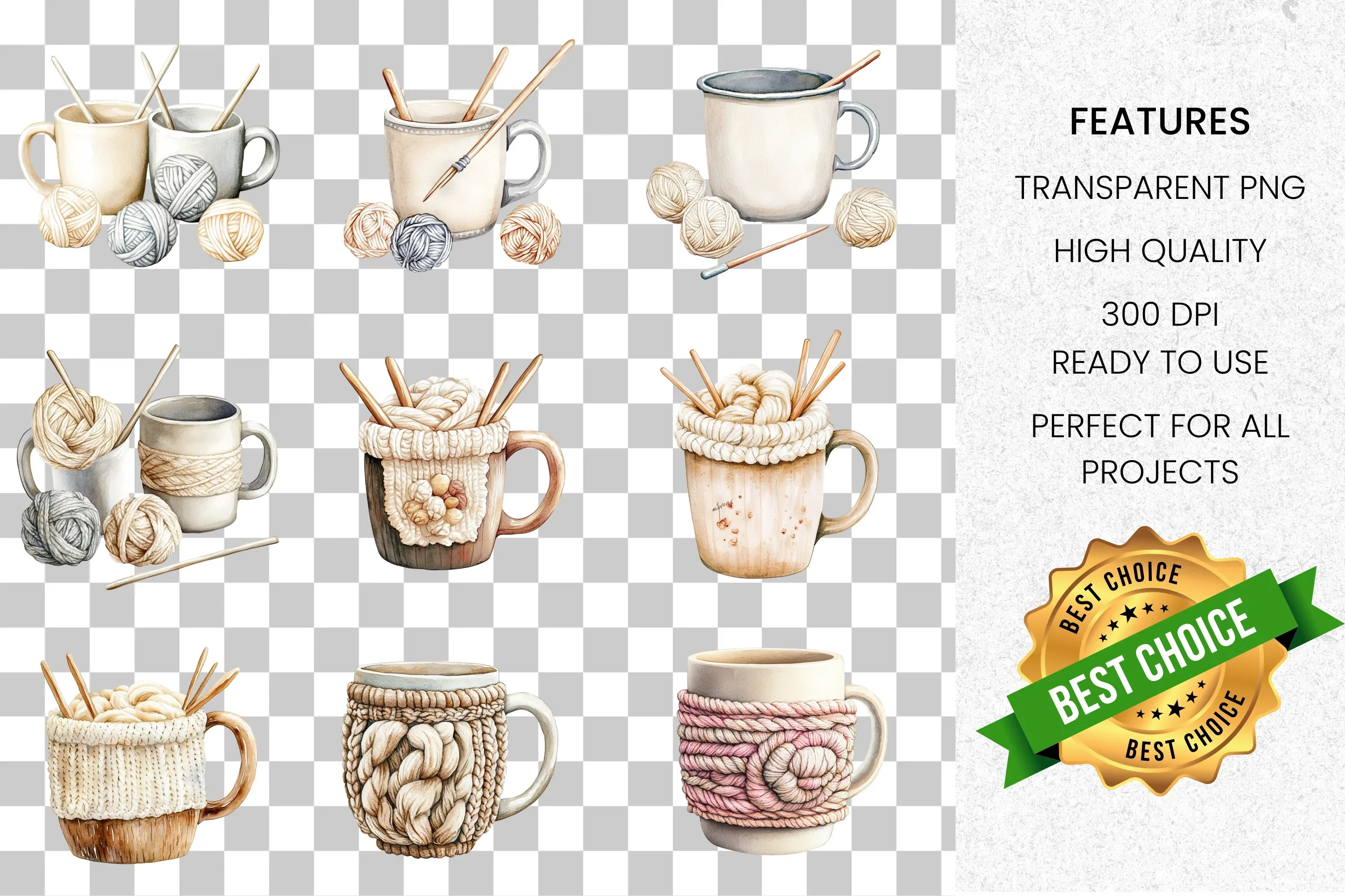 Cozy Knitted Mugs Yarn Crafts Clipart Bundle - Image 8