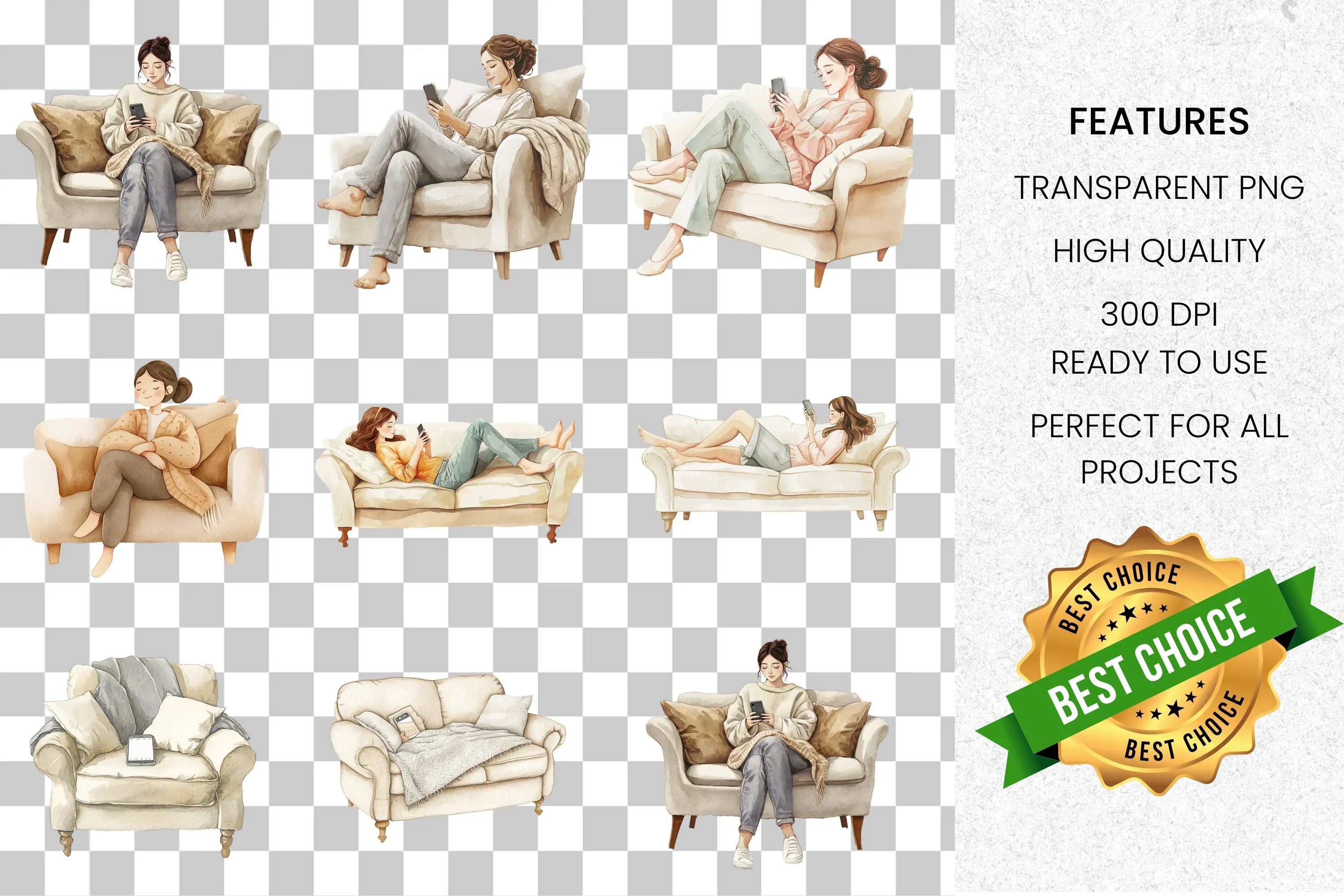 Cozy Sofa Armchair Relaxation Clipart Bundle - Image 2