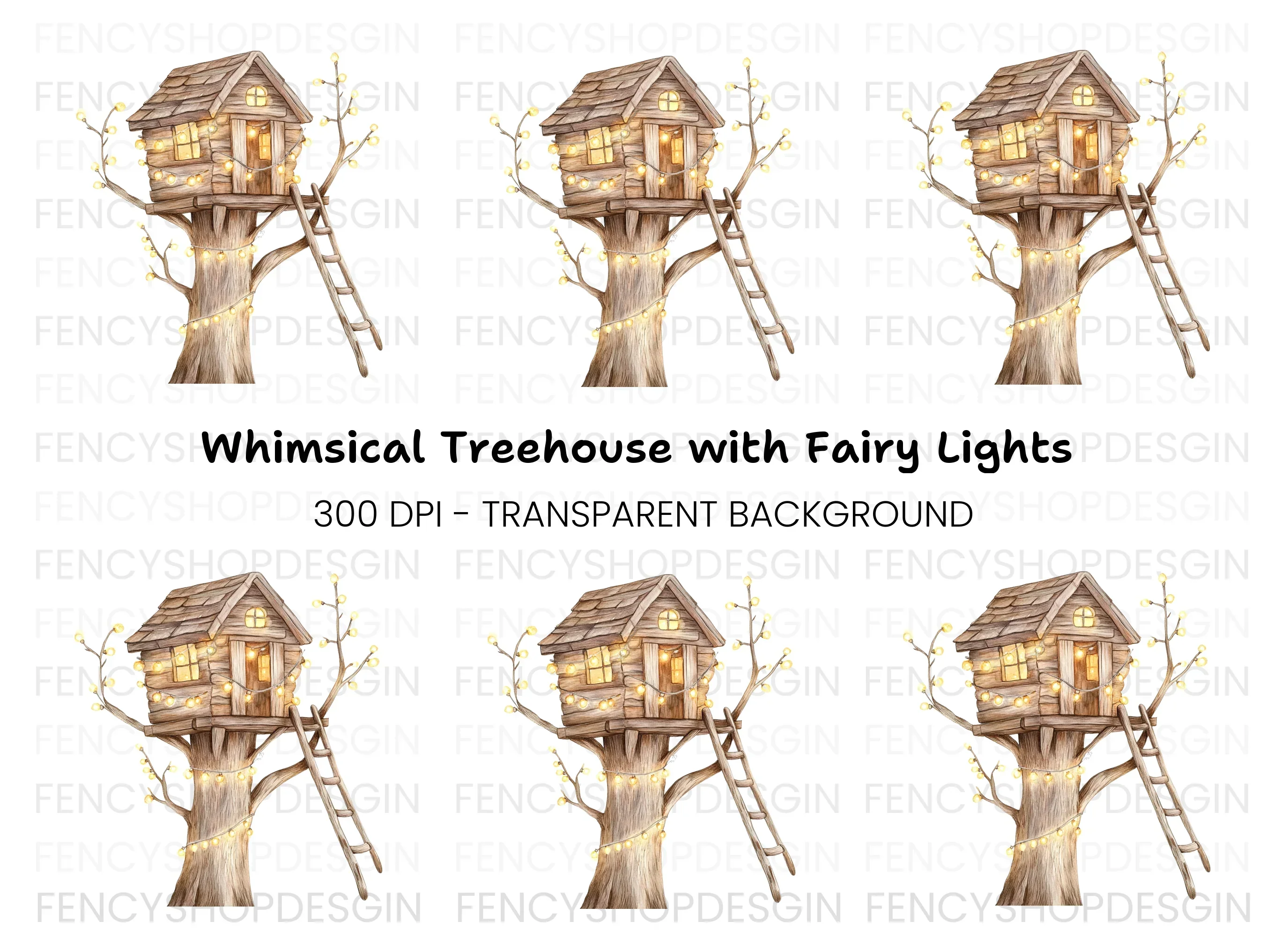 Cozy Treehouse with Glowing Lights Clipart Bundle