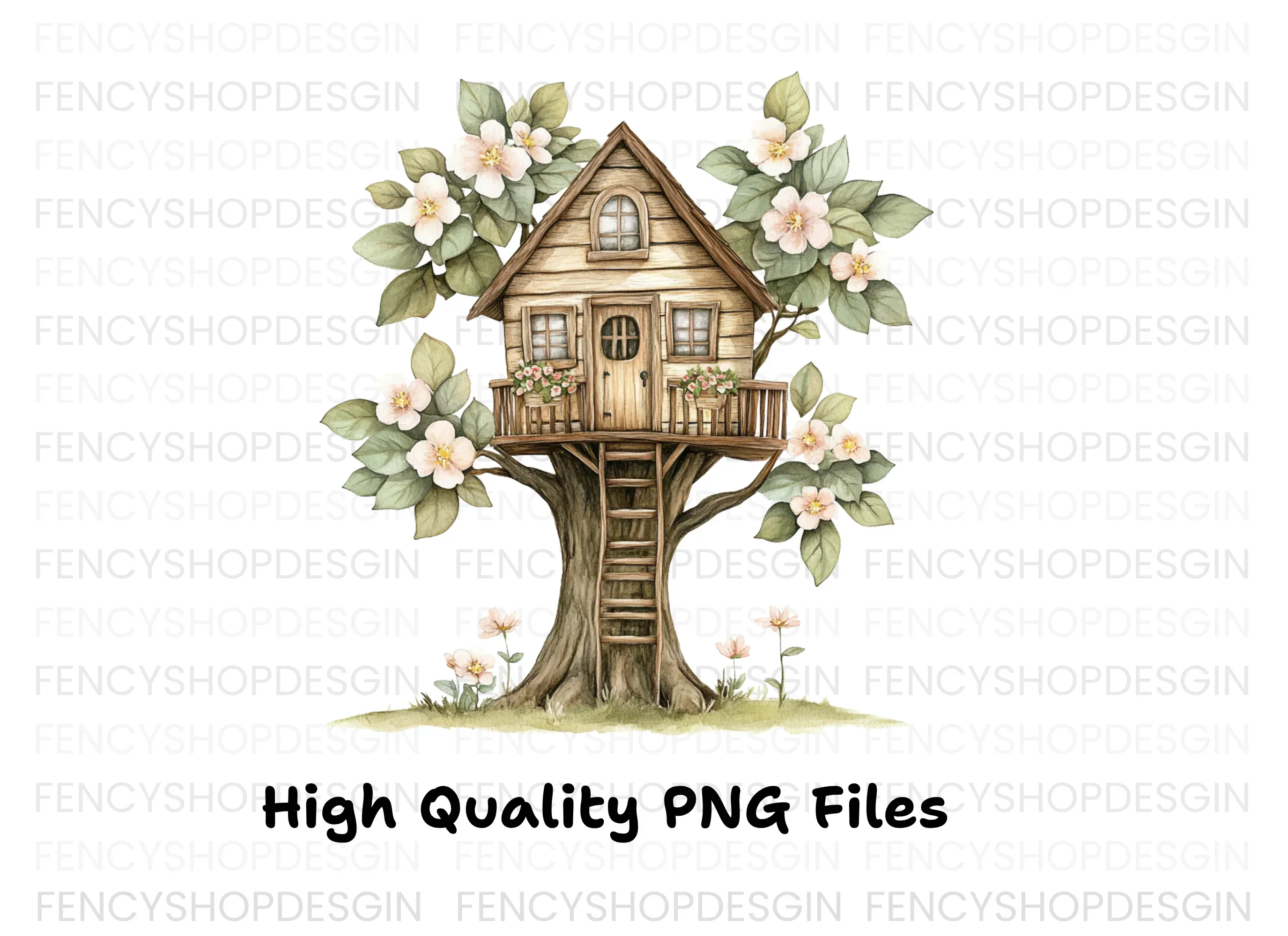 Cozy Treehouse with Pink Blossoms Clipart Bundle - Image 3