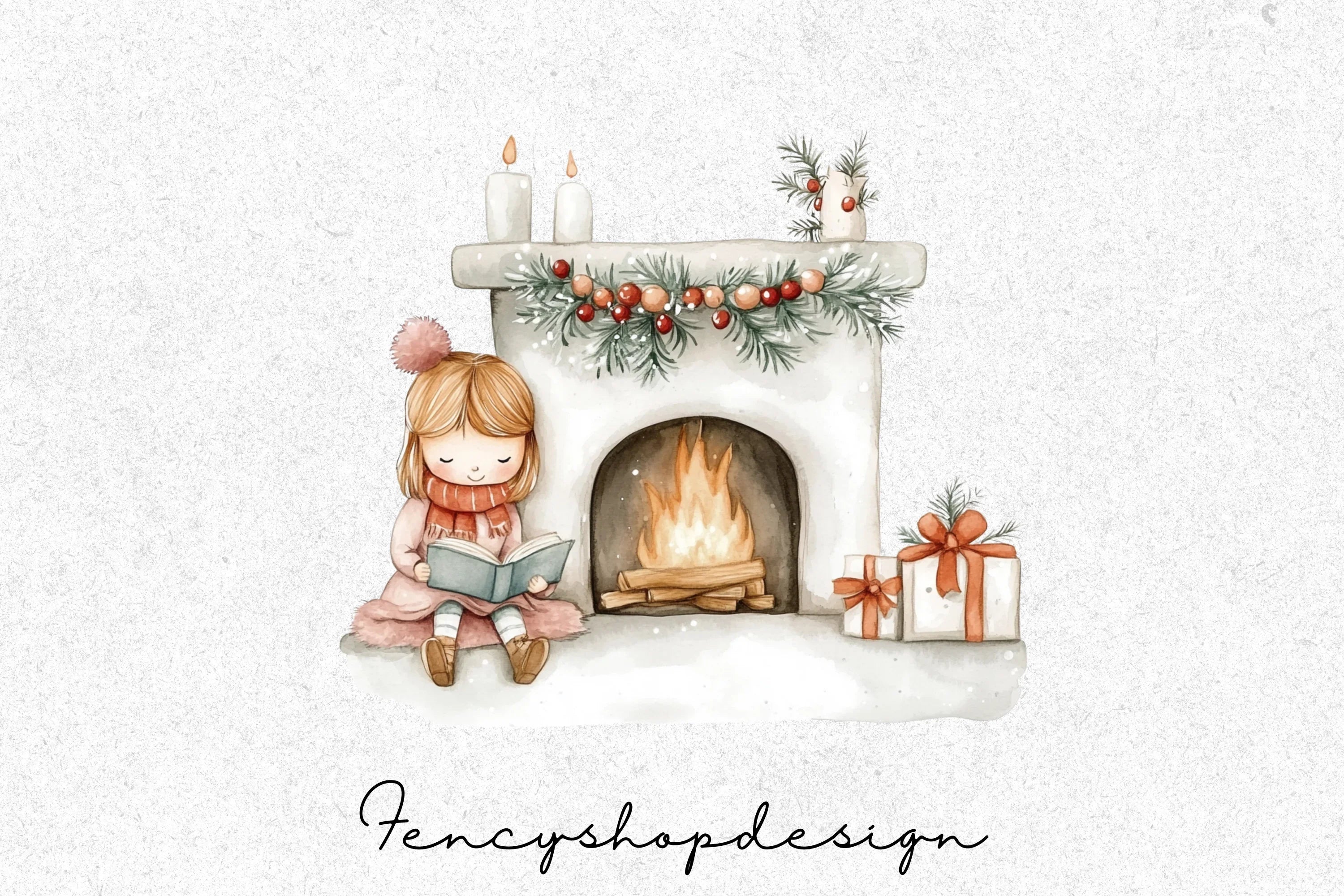 Cozy Winter Fireplace Reading Clipart Bundle - Image 3