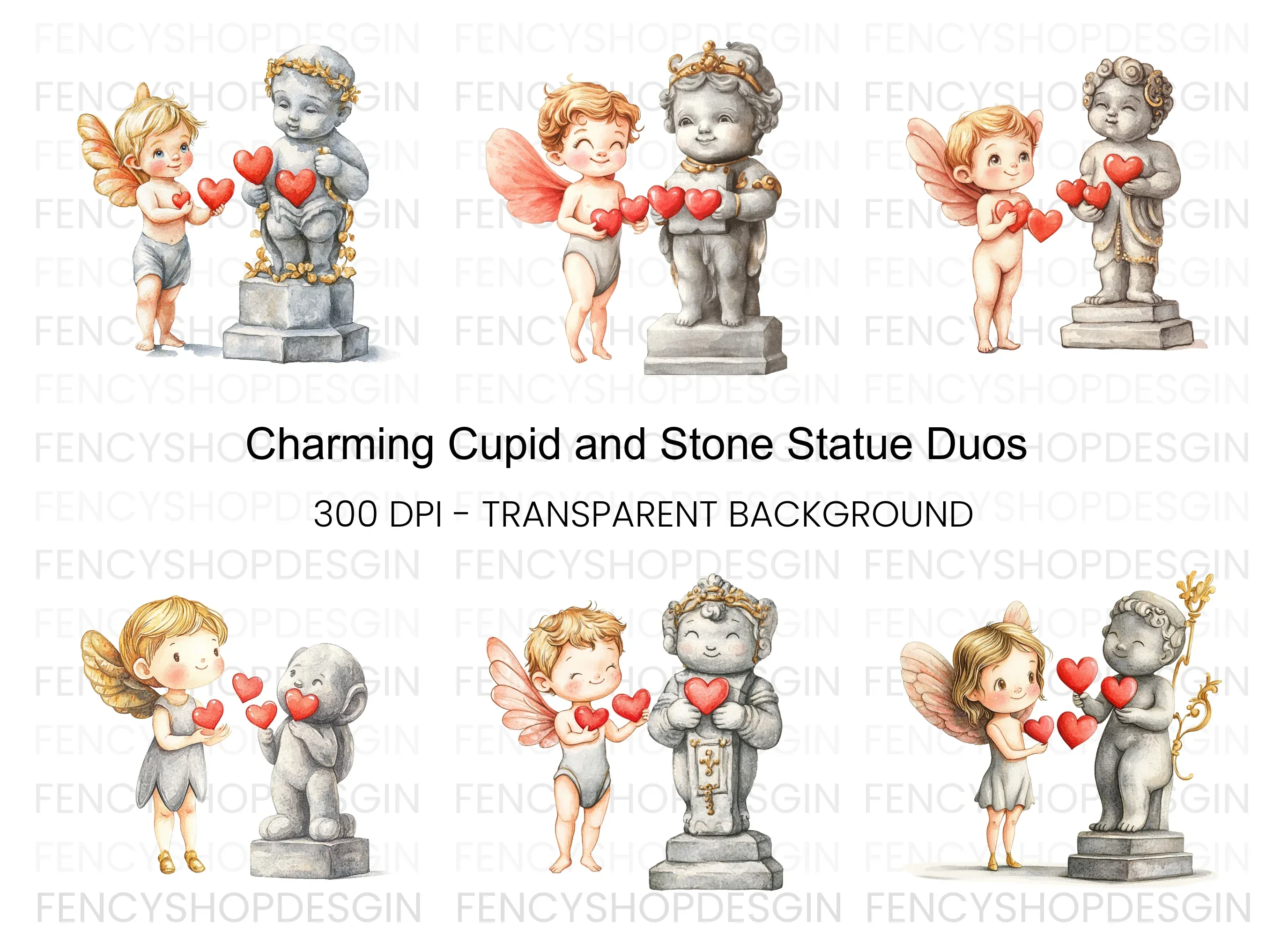Cupid and Stone Statue Love Clipart Bundle