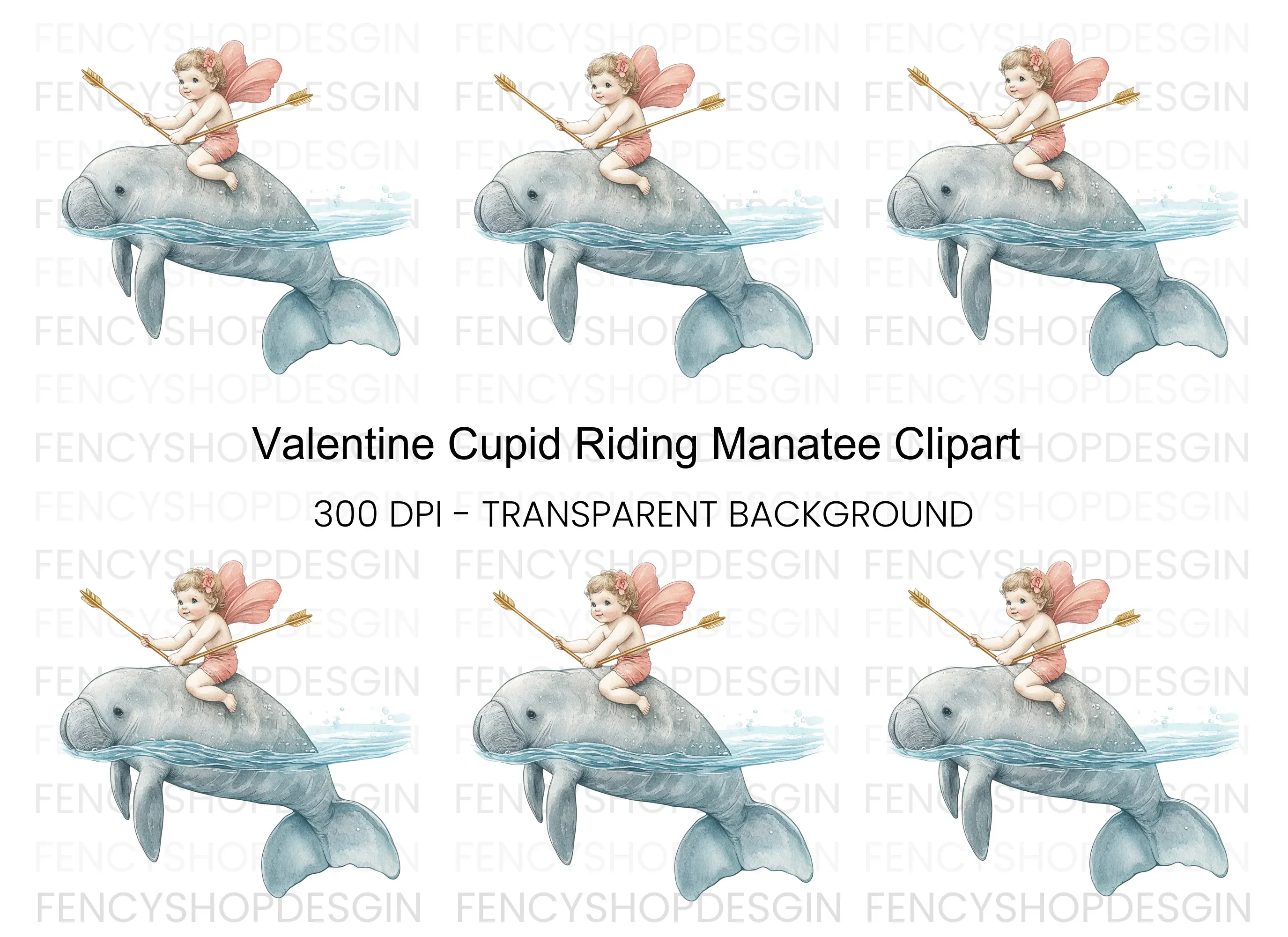 Cupid Riding Manatee Clipart Bundle