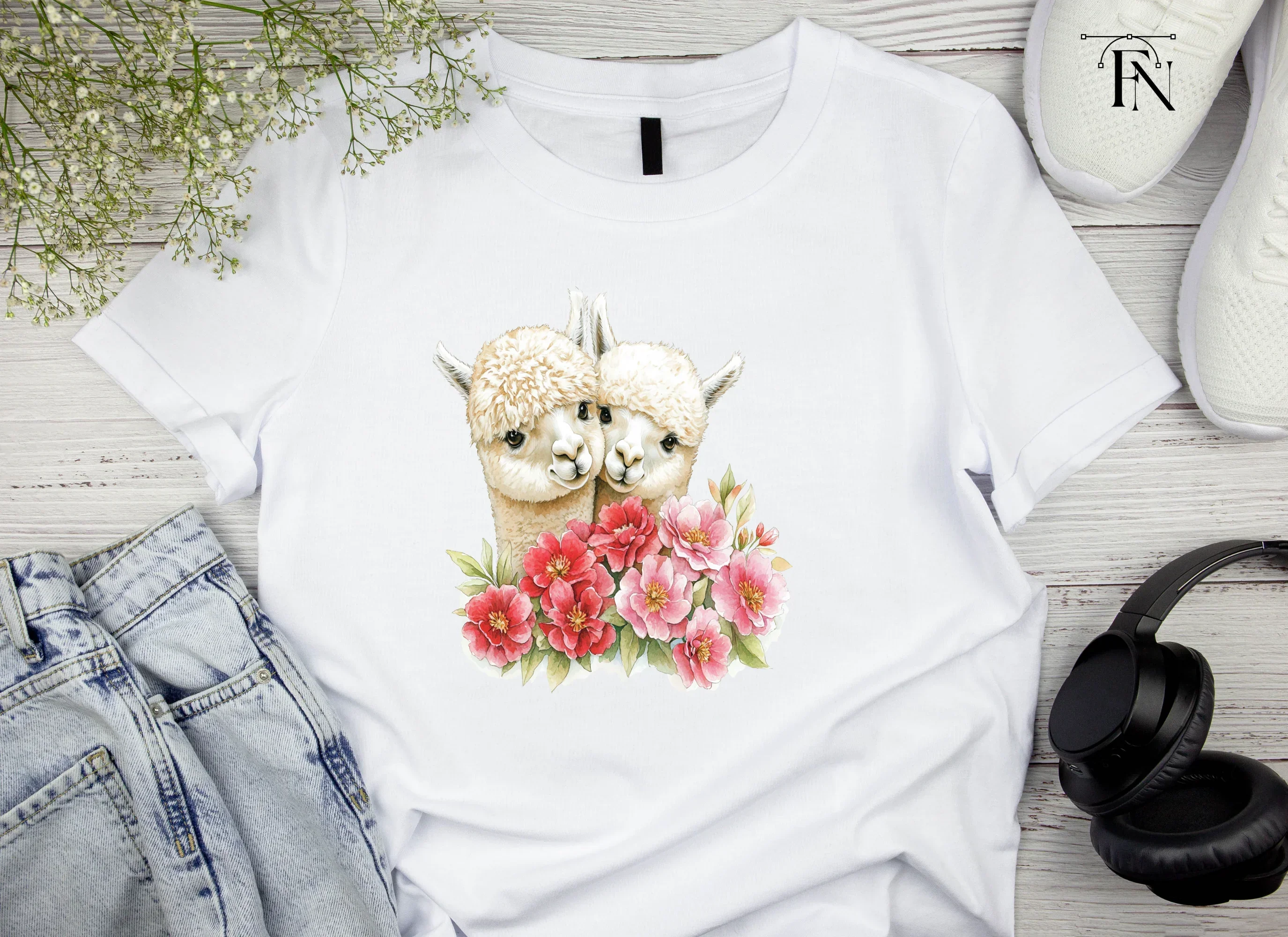 Cute Alpaca Couple with Pink Flowers Clipart Bundle - Image 4