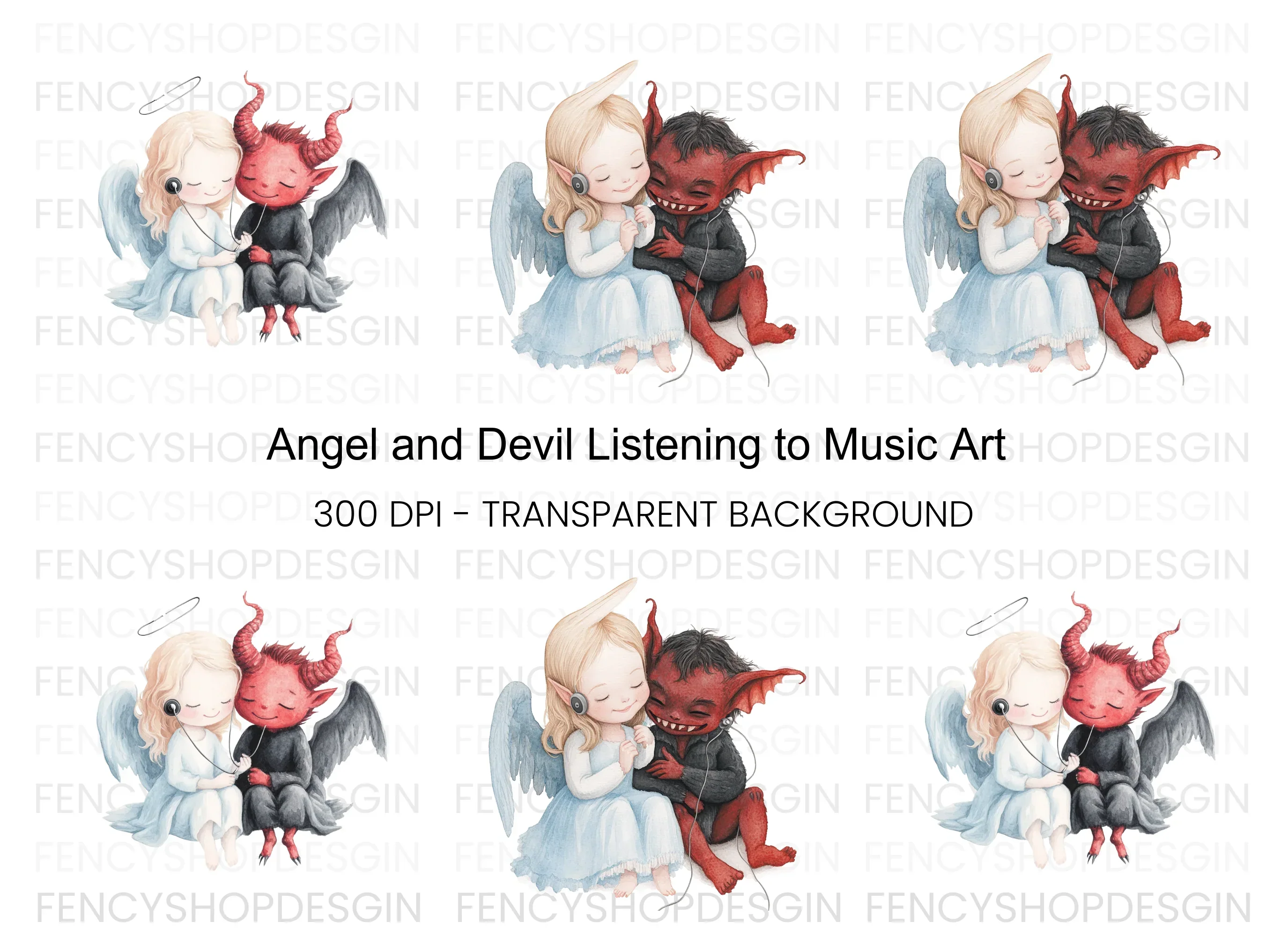 Cute Angel and Devil Listening to Music Clipart Bundle