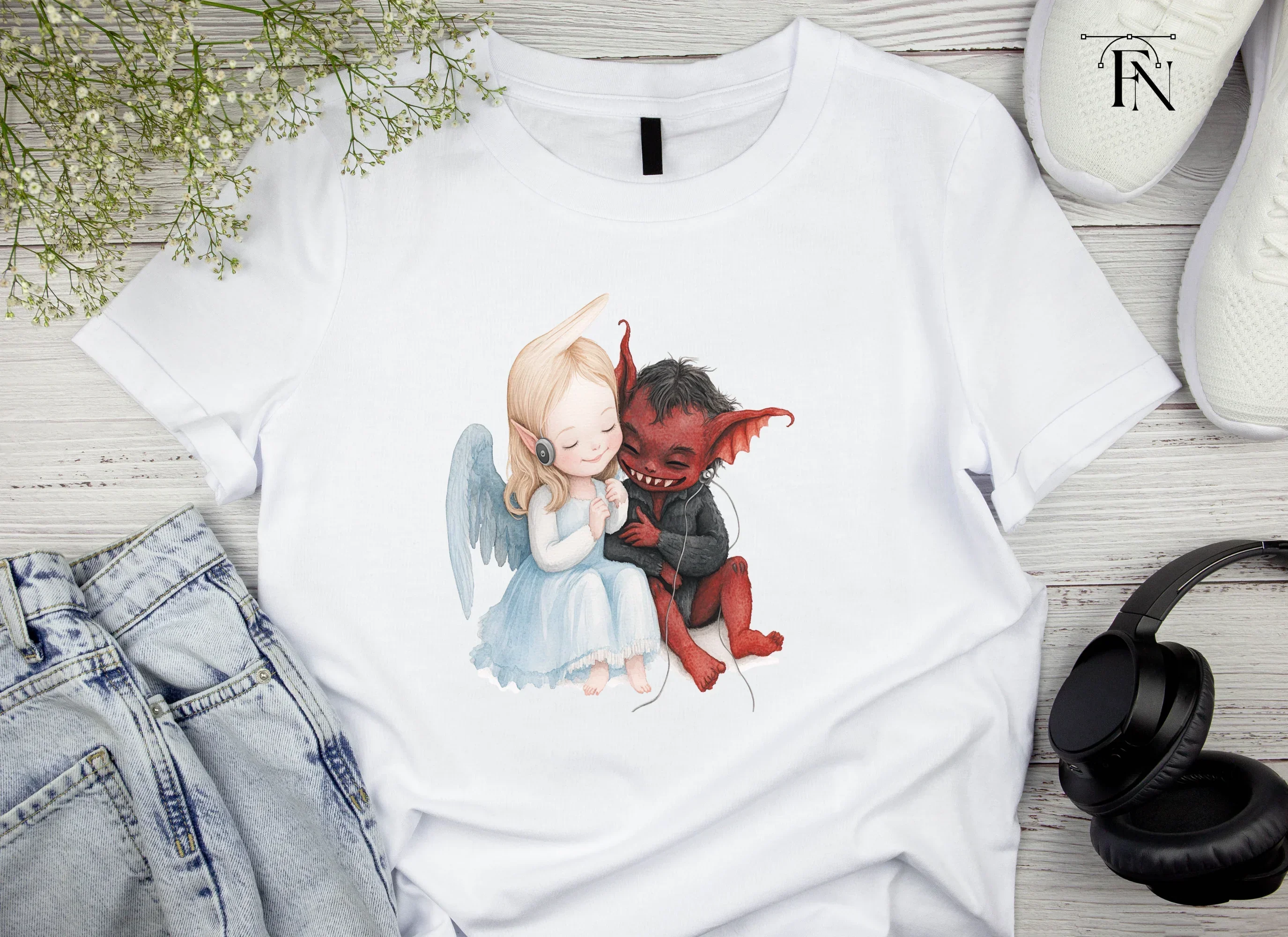 Cute Angel and Devil Listening to Music Clipart Bundle - Image 4
