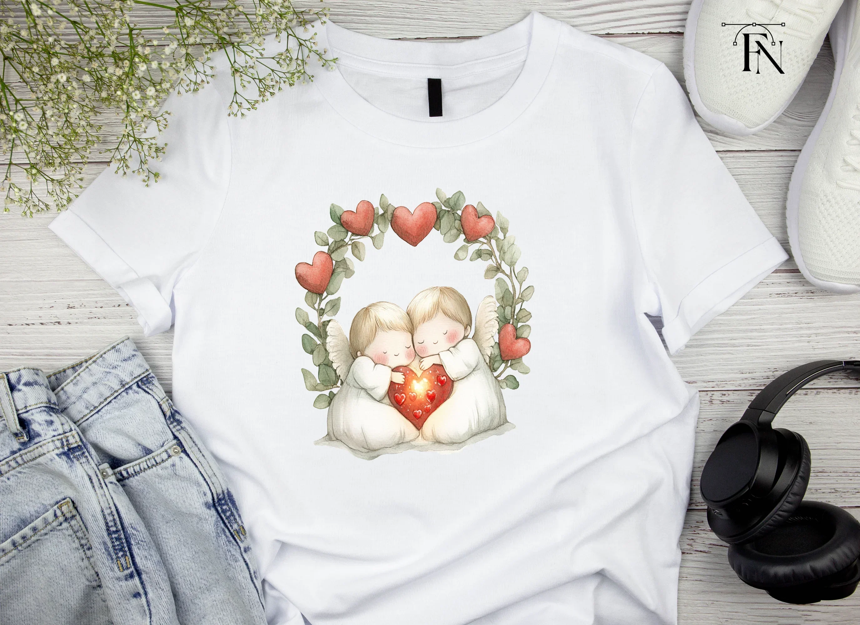 Cute Angel Couple with Heart Wreath Clipart Bundle - Image 4