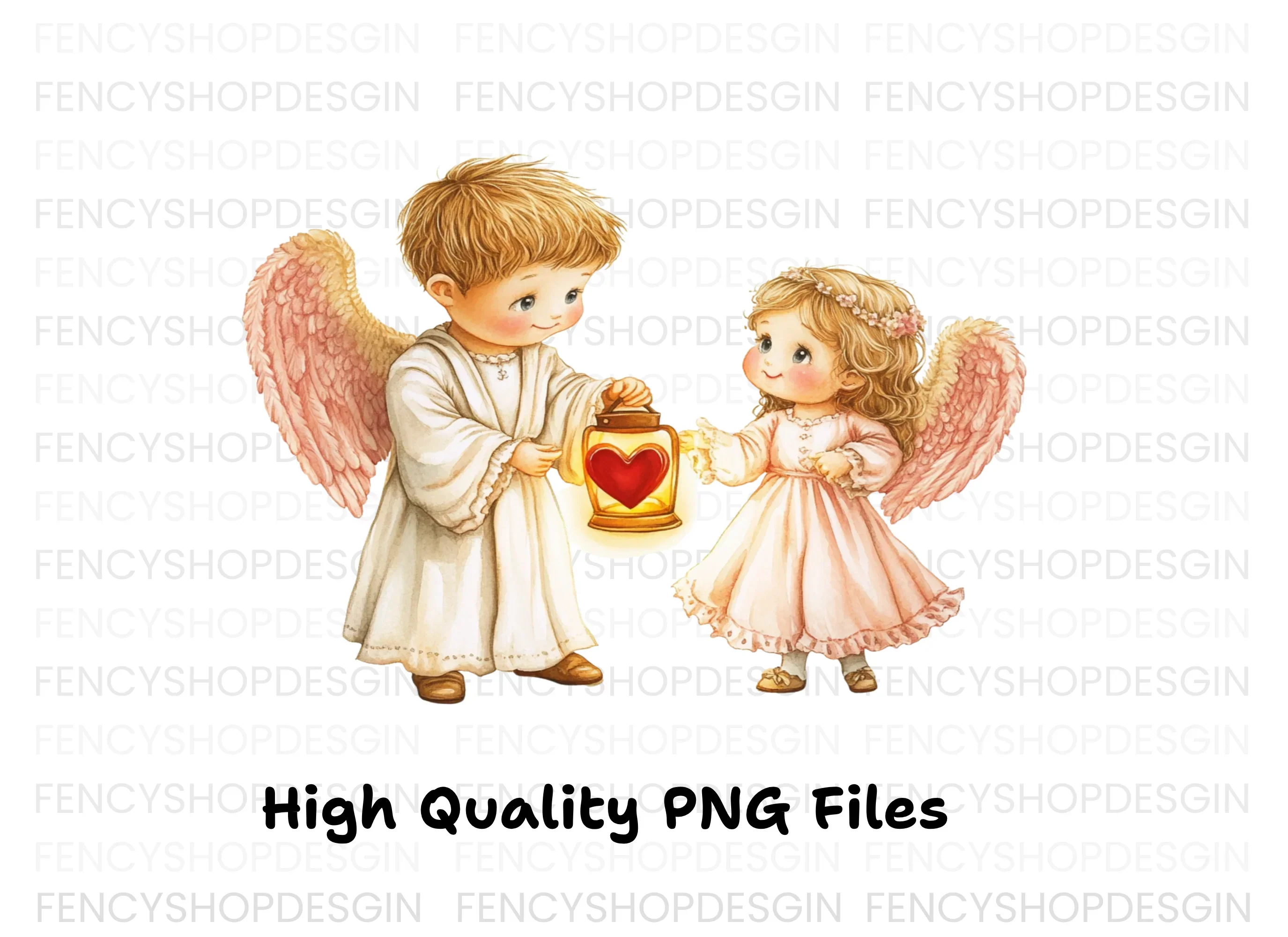 Cute Angel with Heart Lanterns Clipart Bundle - Image 3