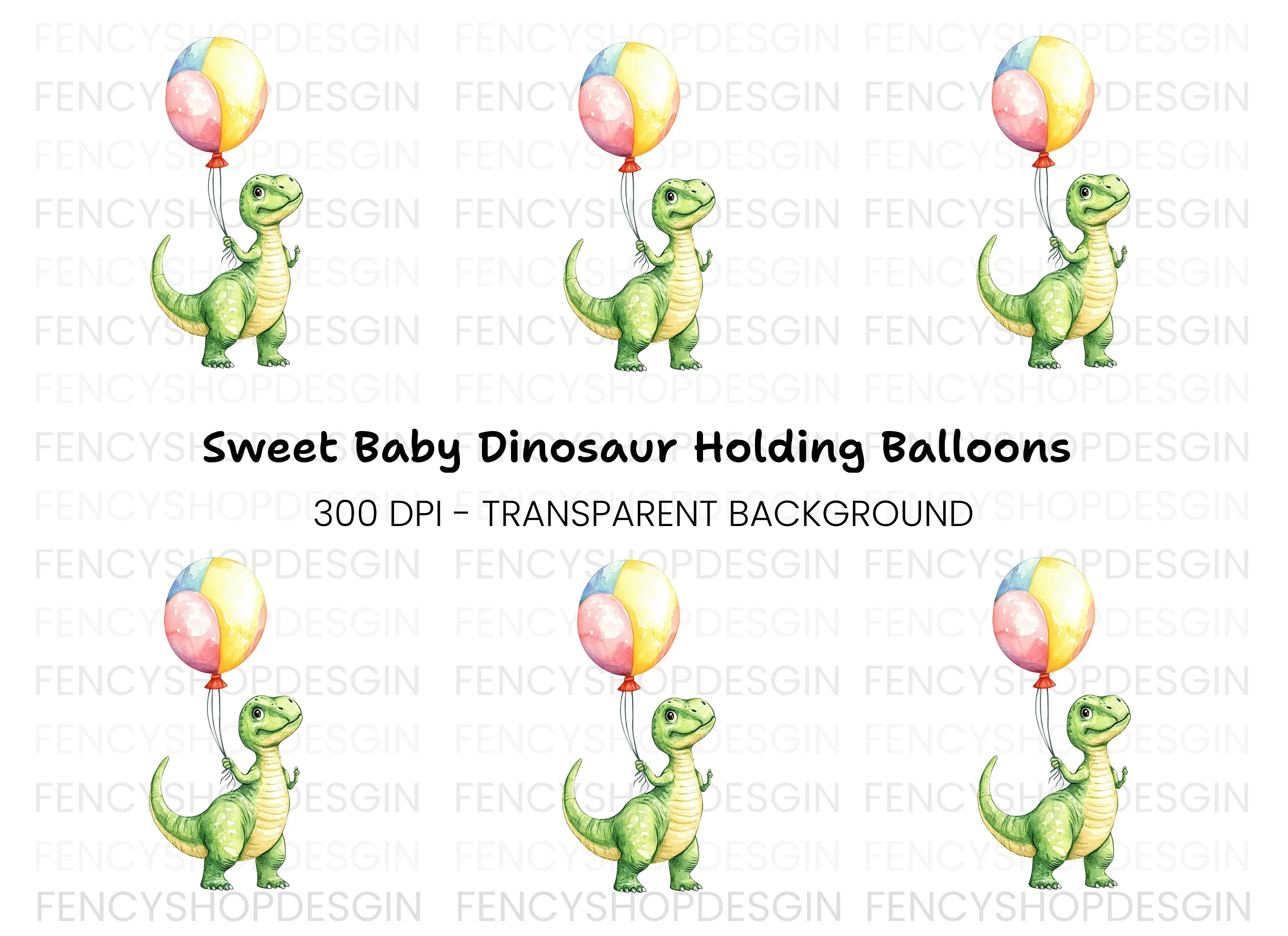 Cute Baby Dinosaur with Balloon Clipart Bundle