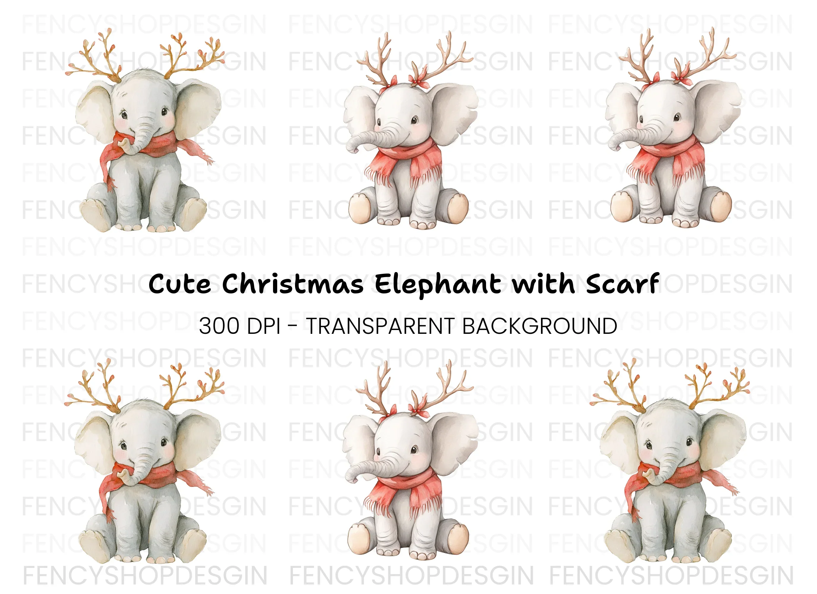 Cute Baby Elephant Christmas Clipart Bundle