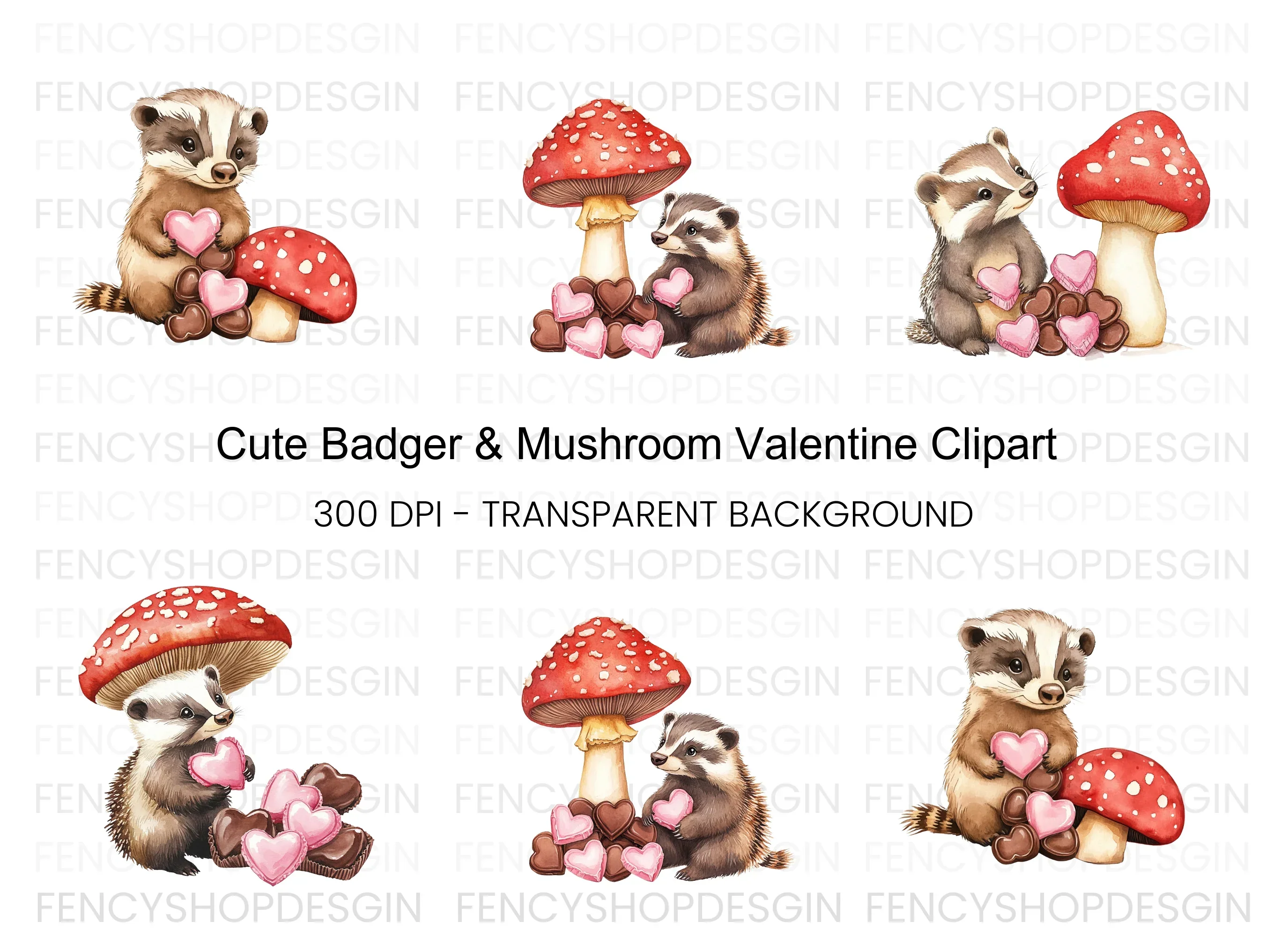 Cute Badger Mushroom Valentine Clipart Bundle