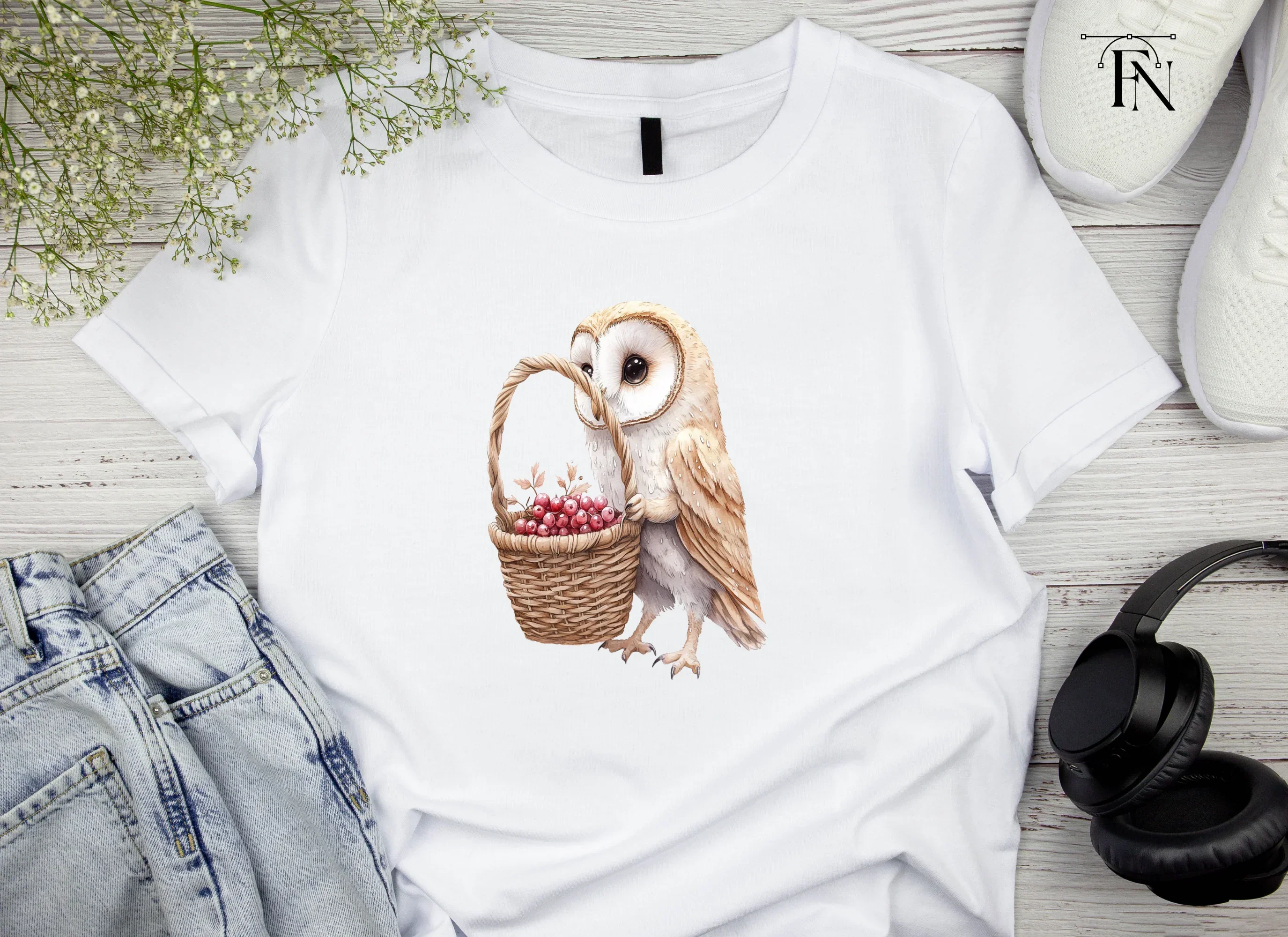 Cute Barn Owl with Berry Basket Clipart Bundle - Image 4
