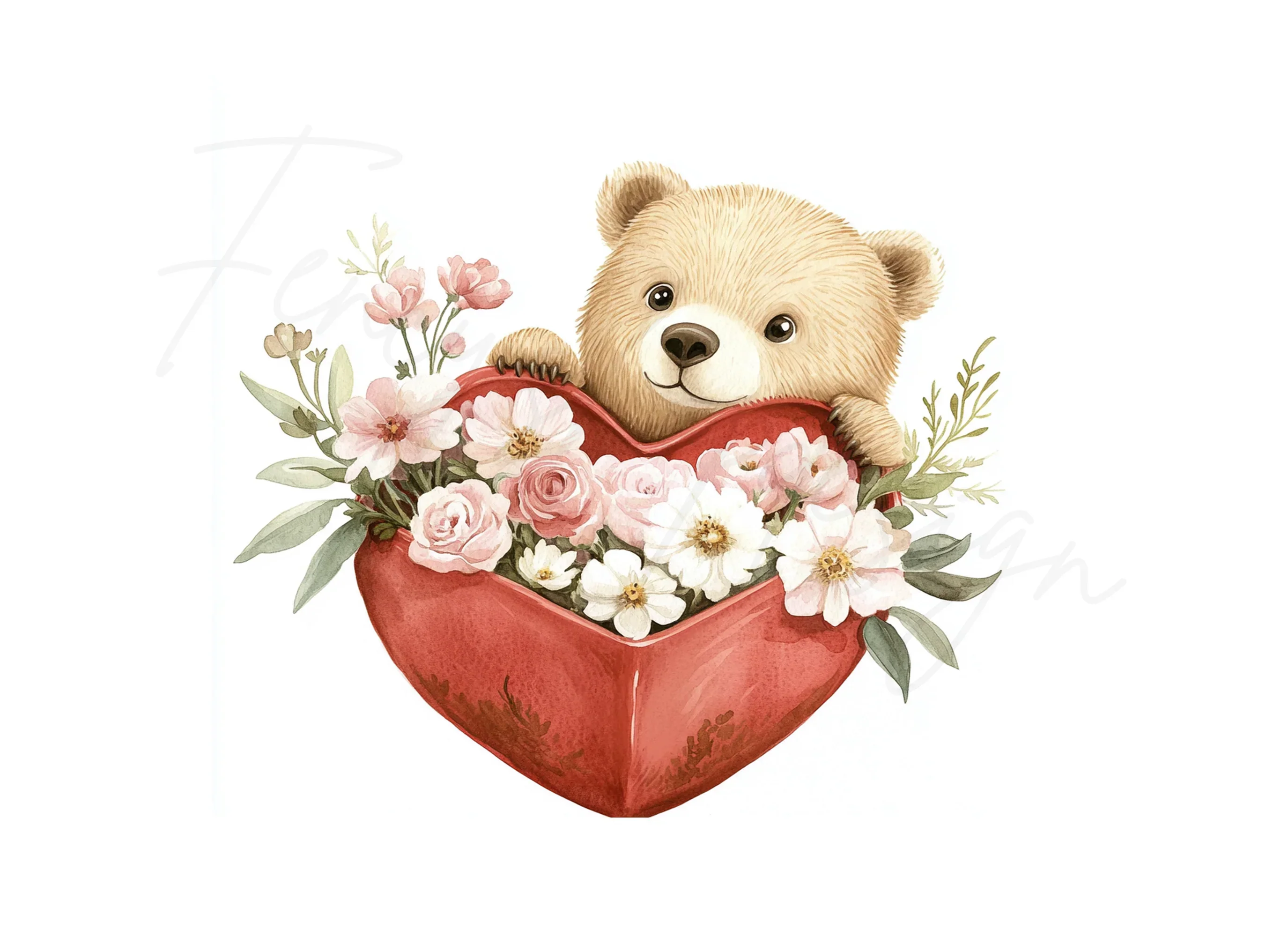 Cute Bear in Heart with Flowers Clipart Bundle - Image 3