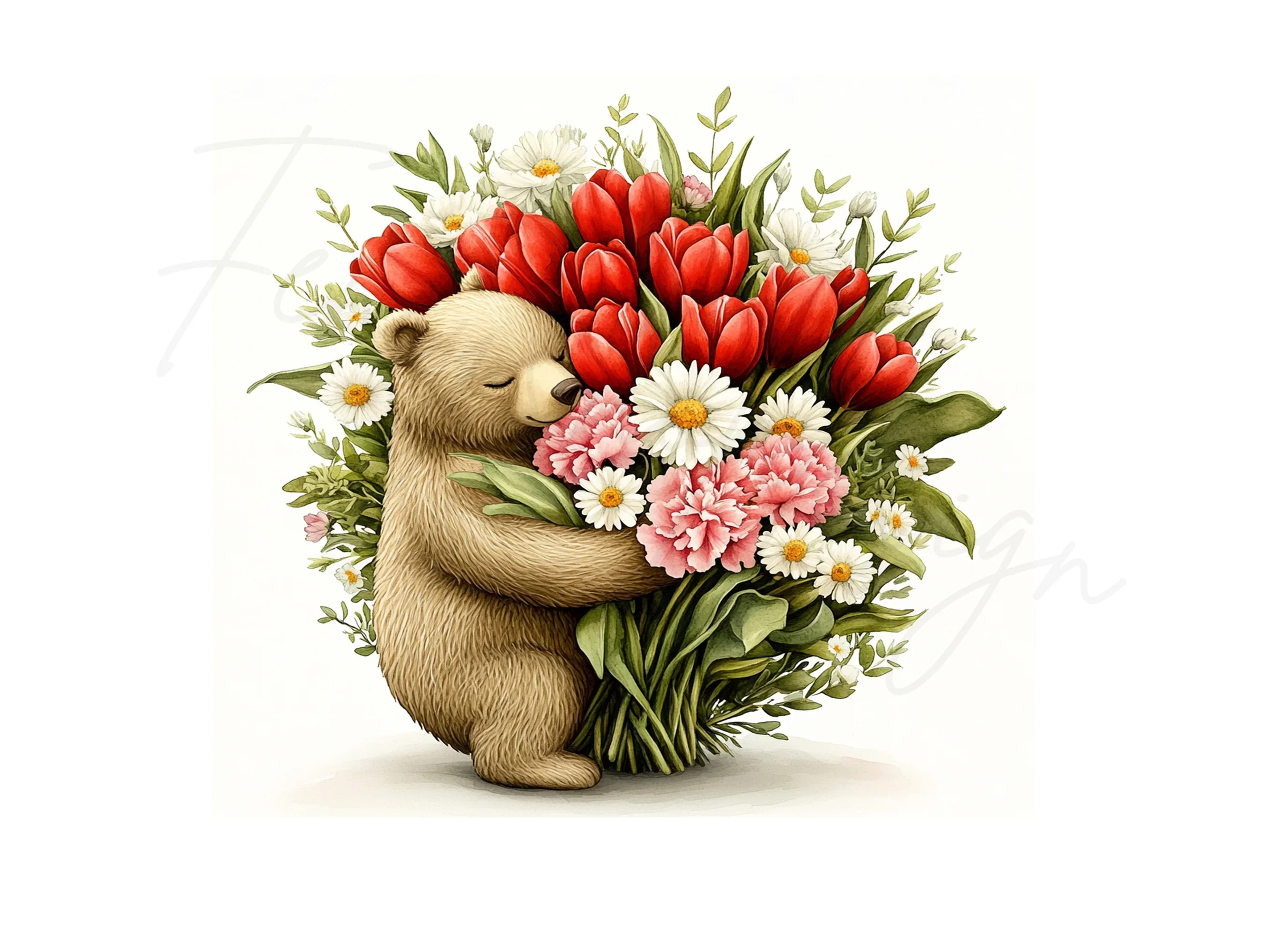 Cute Bear with Flower Bouquet Clipart Bundle - Image 3