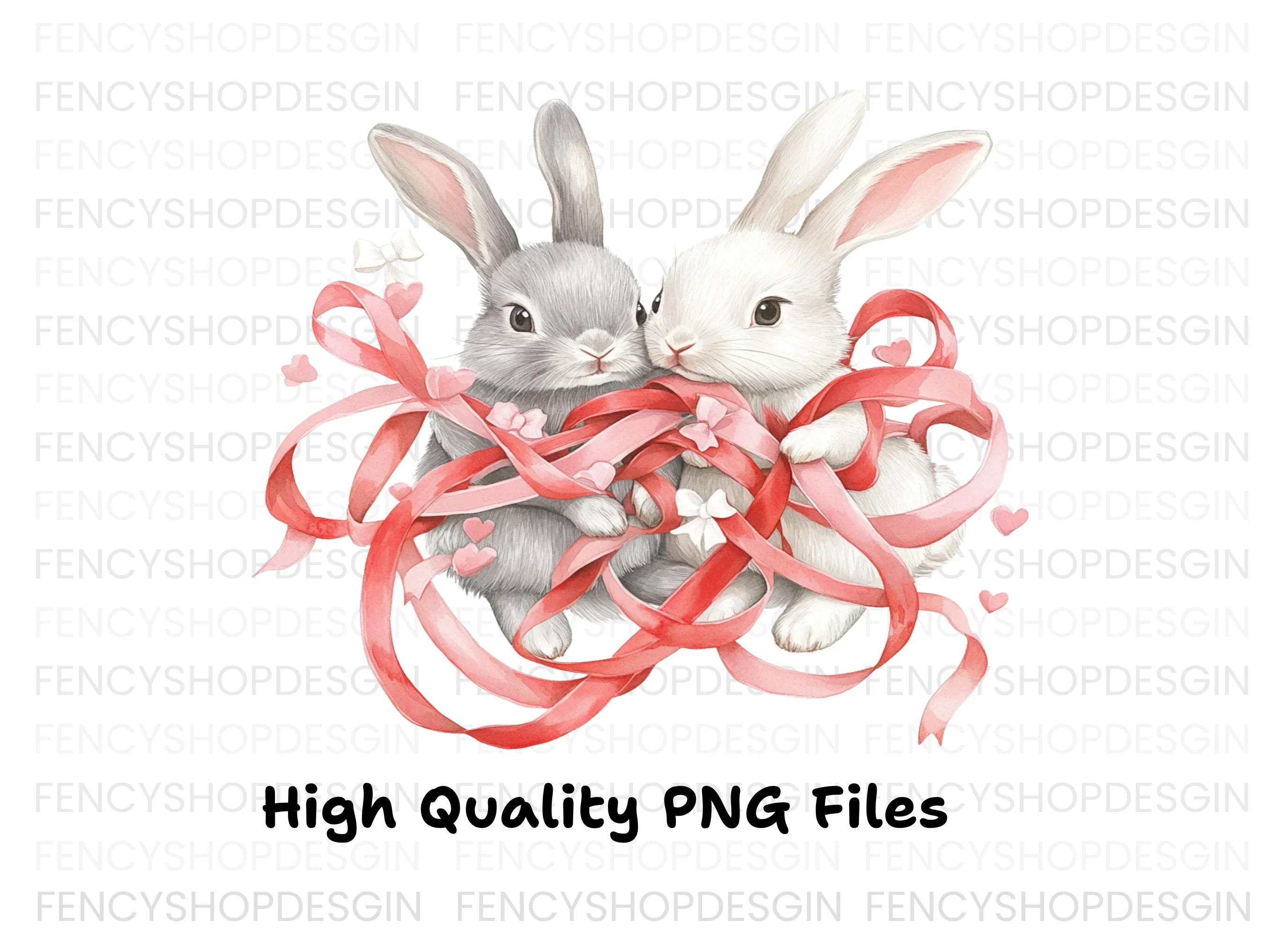Cute Bunny Couple with Red Ribbons Clipart Bundle - Image 3