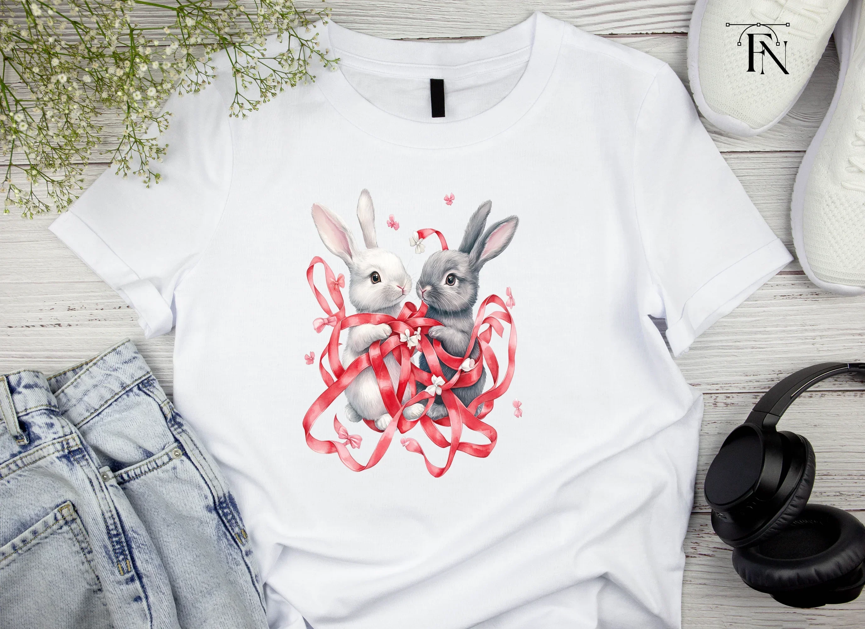 Cute Bunny Couple with Red Ribbons Clipart Bundle - Image 4