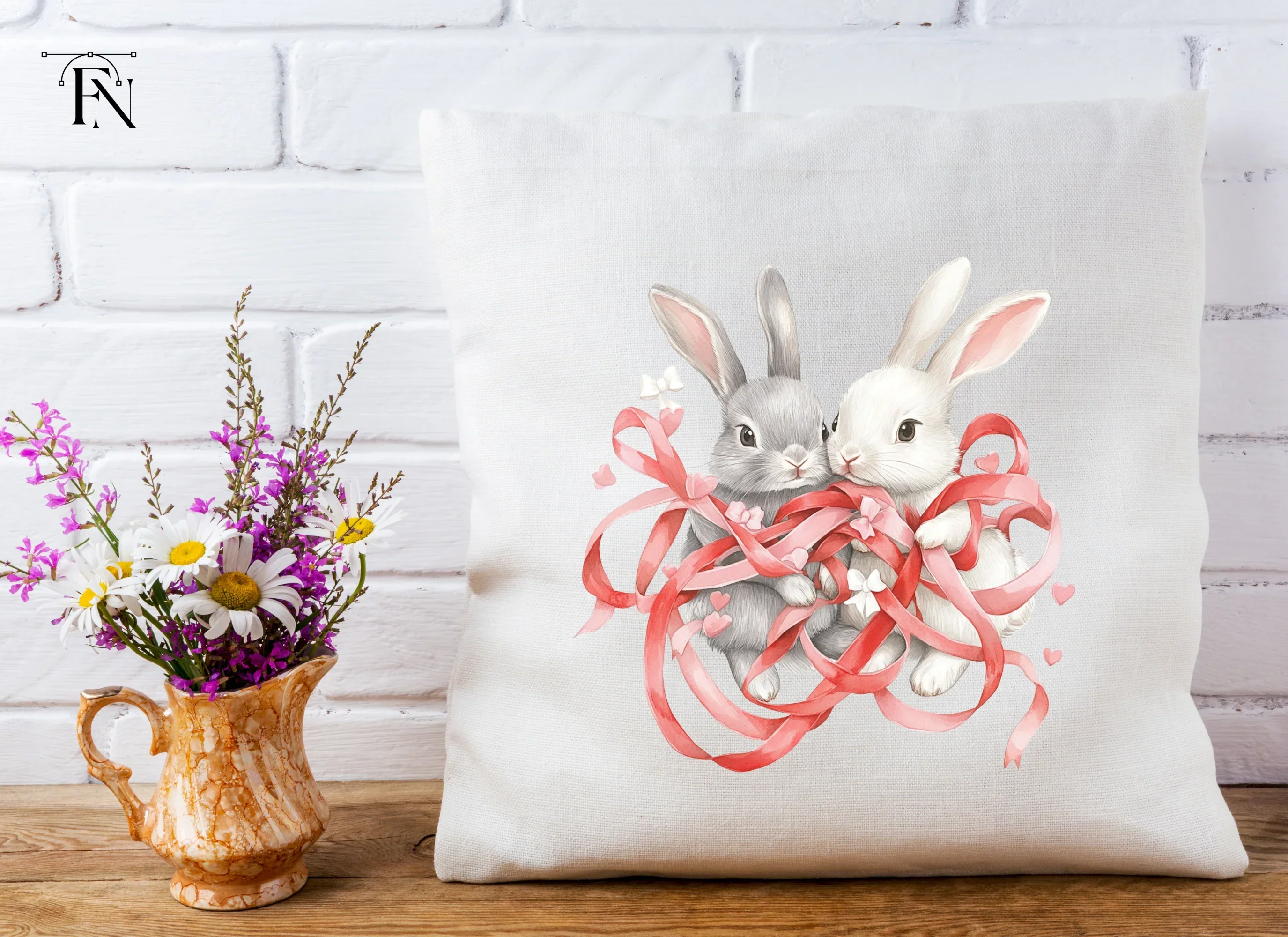 Cute Bunny Couple with Red Ribbons Clipart Bundle - Image 5