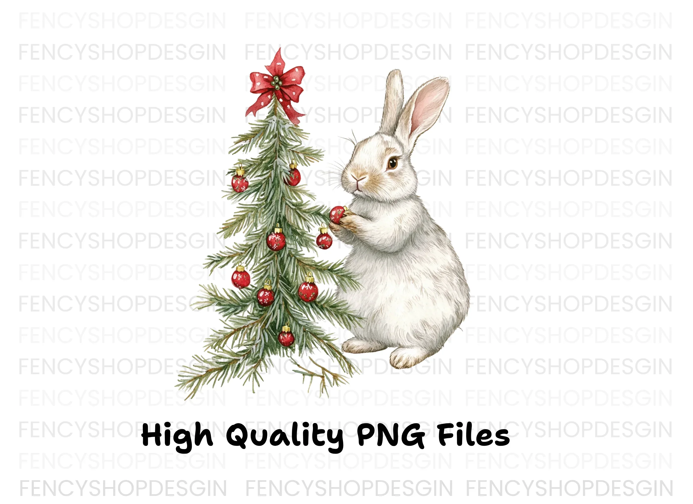 Cute Bunny Decorating Christmas Tree Clipart Bundle - Image 3