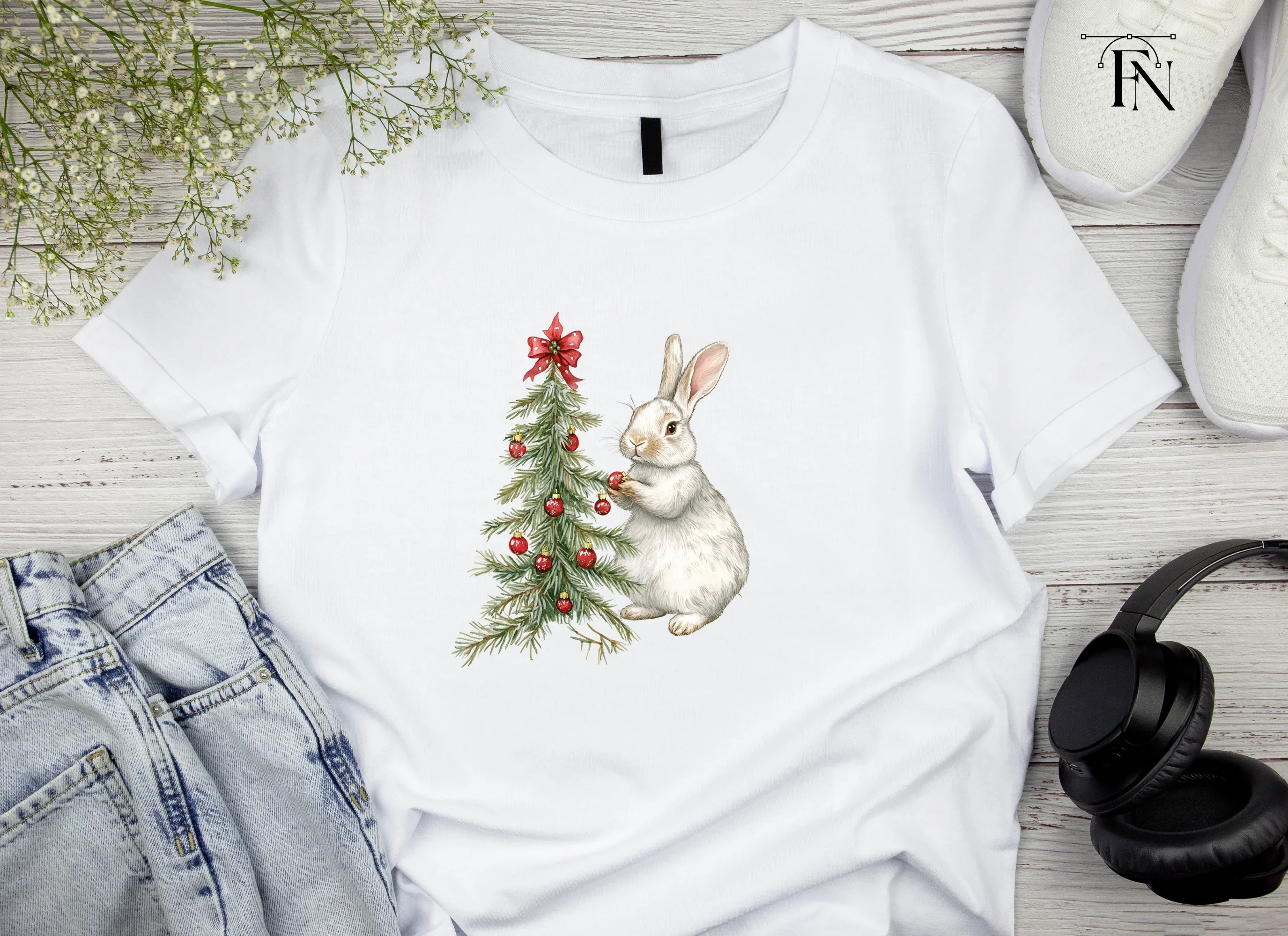 Cute Bunny Decorating Christmas Tree Clipart Bundle - Image 4