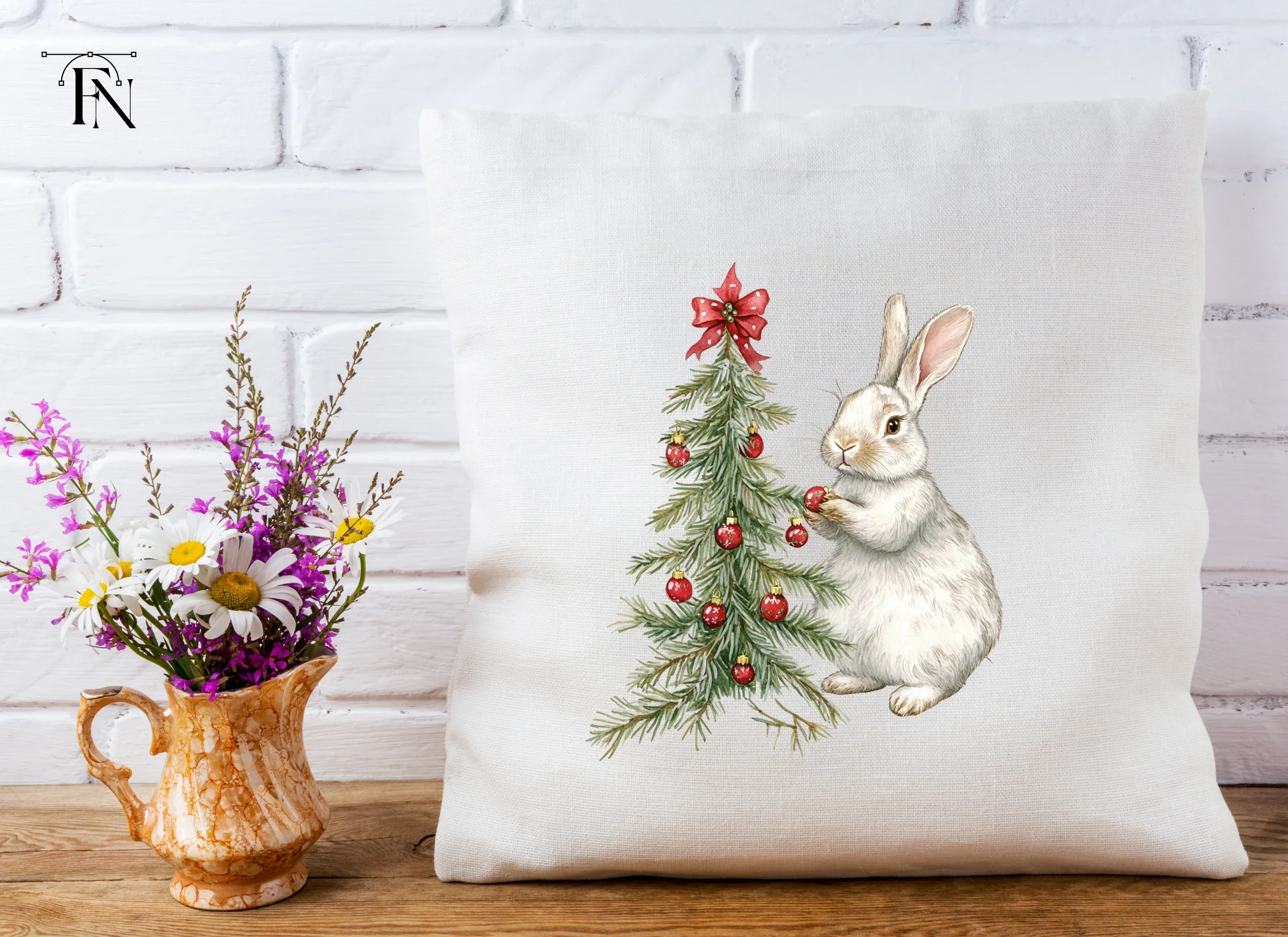 Cute Bunny Decorating Christmas Tree Clipart Bundle - Image 5