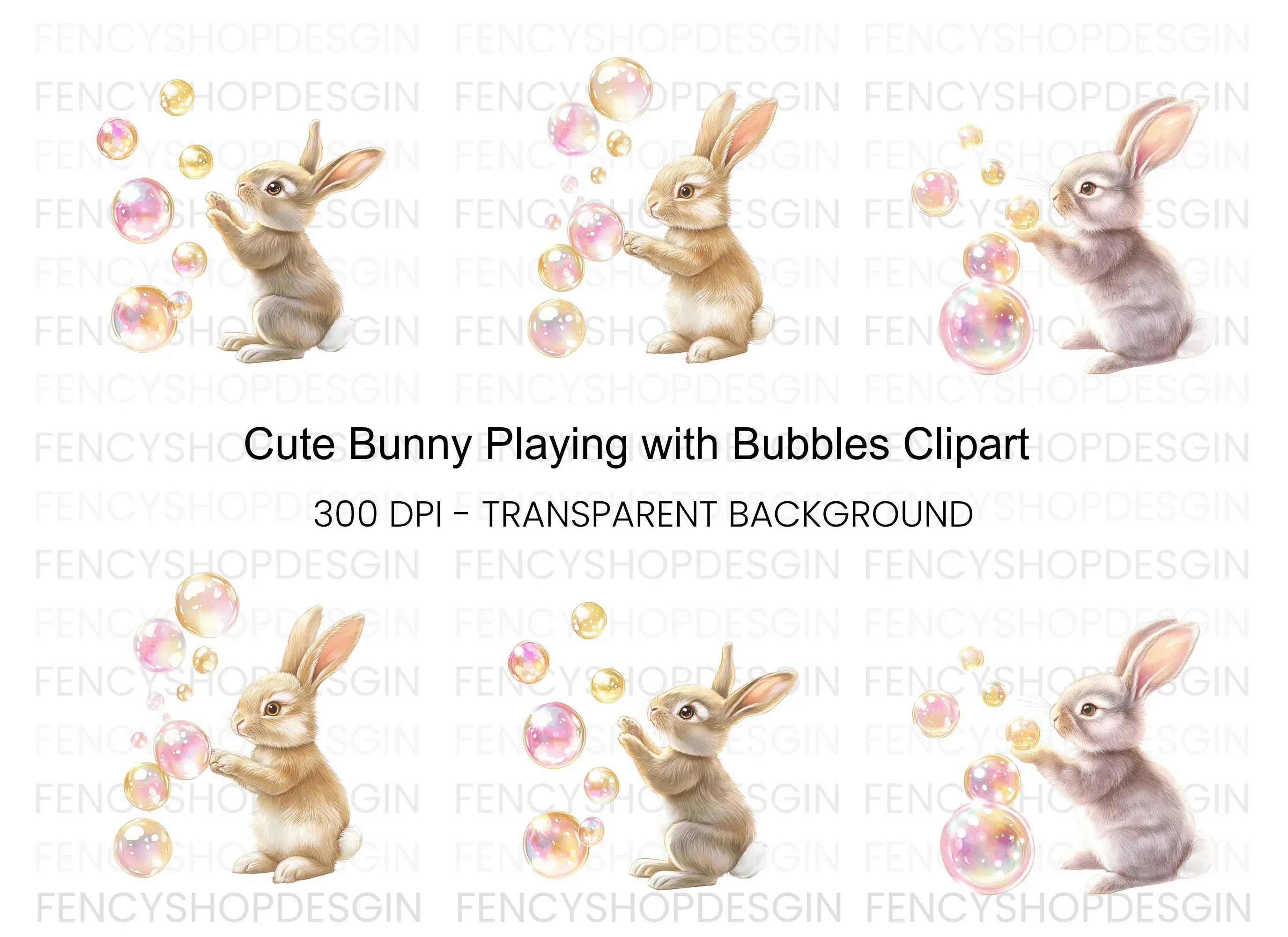 Cute Bunny Playing With Bubbles Clipart Bundle