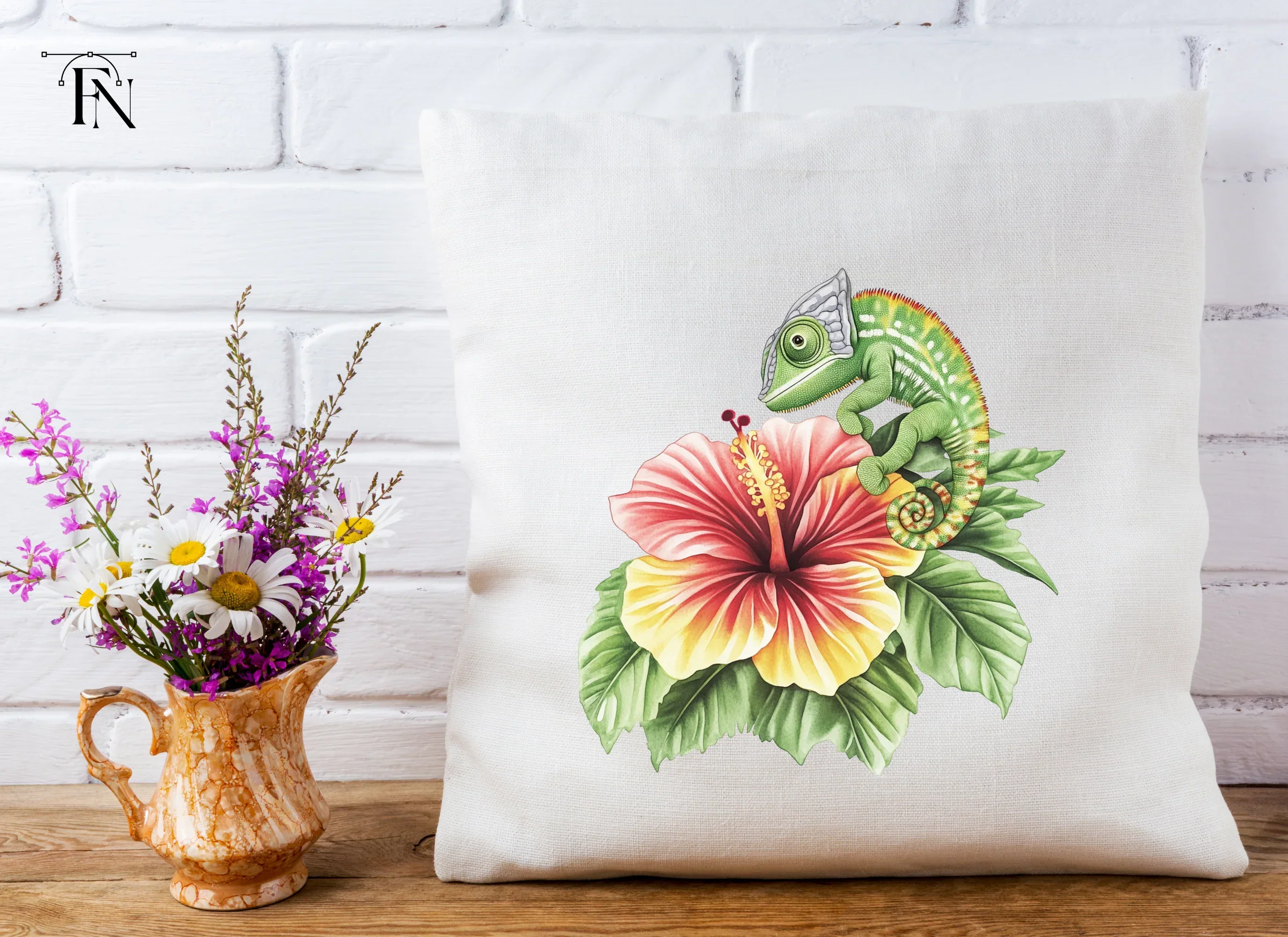 Cute Chameleon on Hibiscus Clipart Bundle - Image 4
