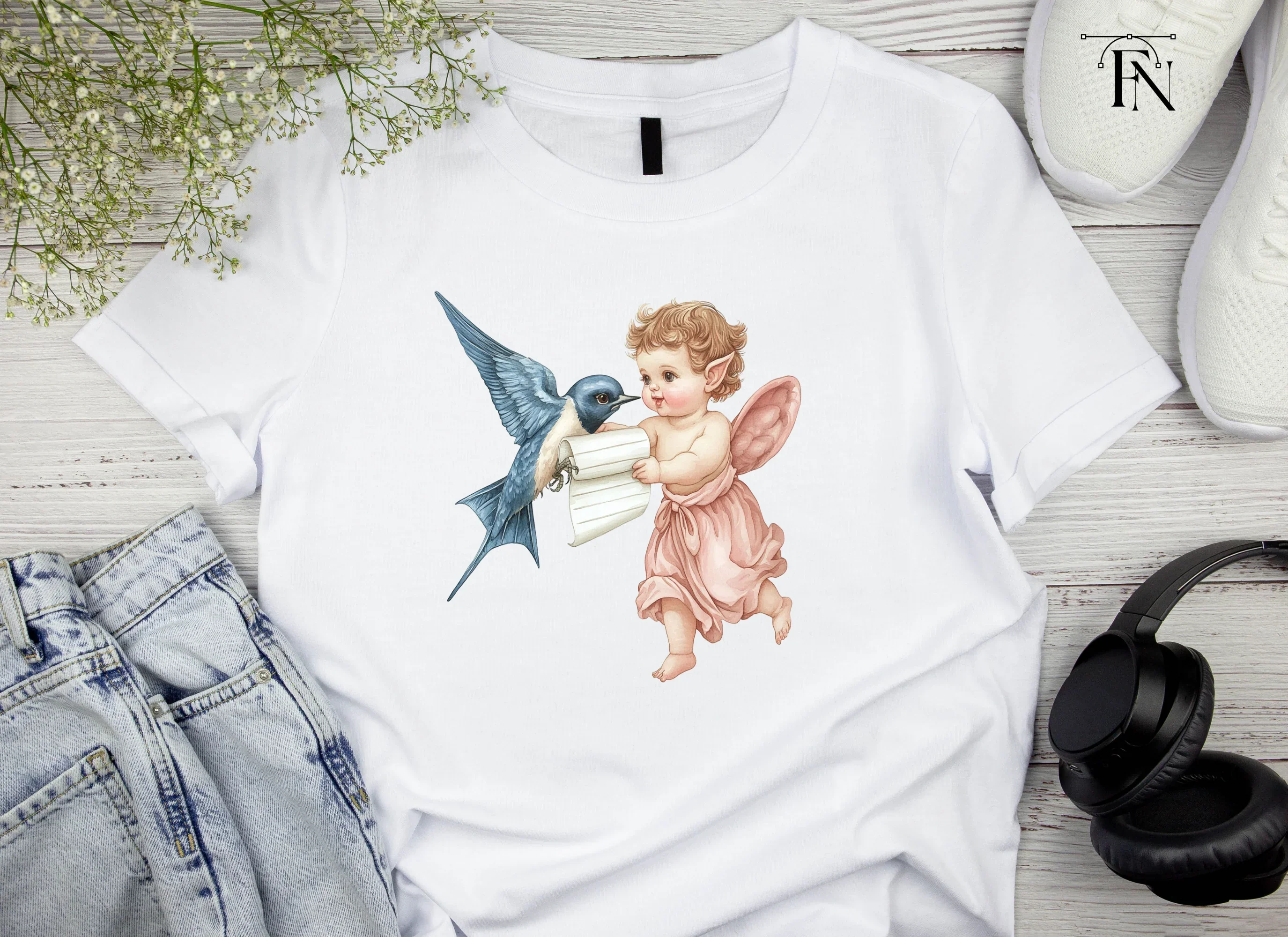 Cute Cherubs with Birds and Scrolls Clipart Bundle - Image 4