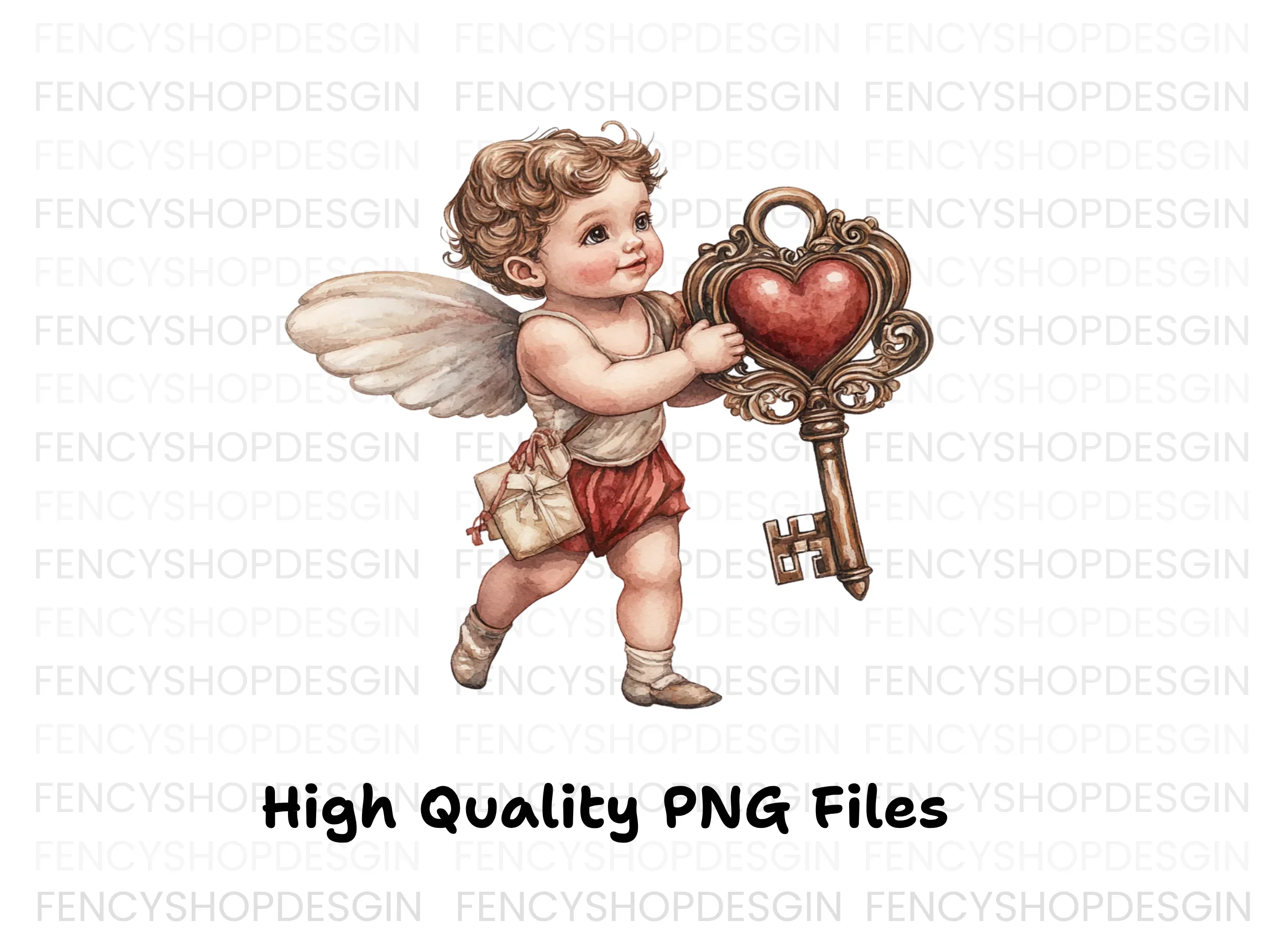 Cute Cherubs with Heart Keys Clipart Bundle - Image 3
