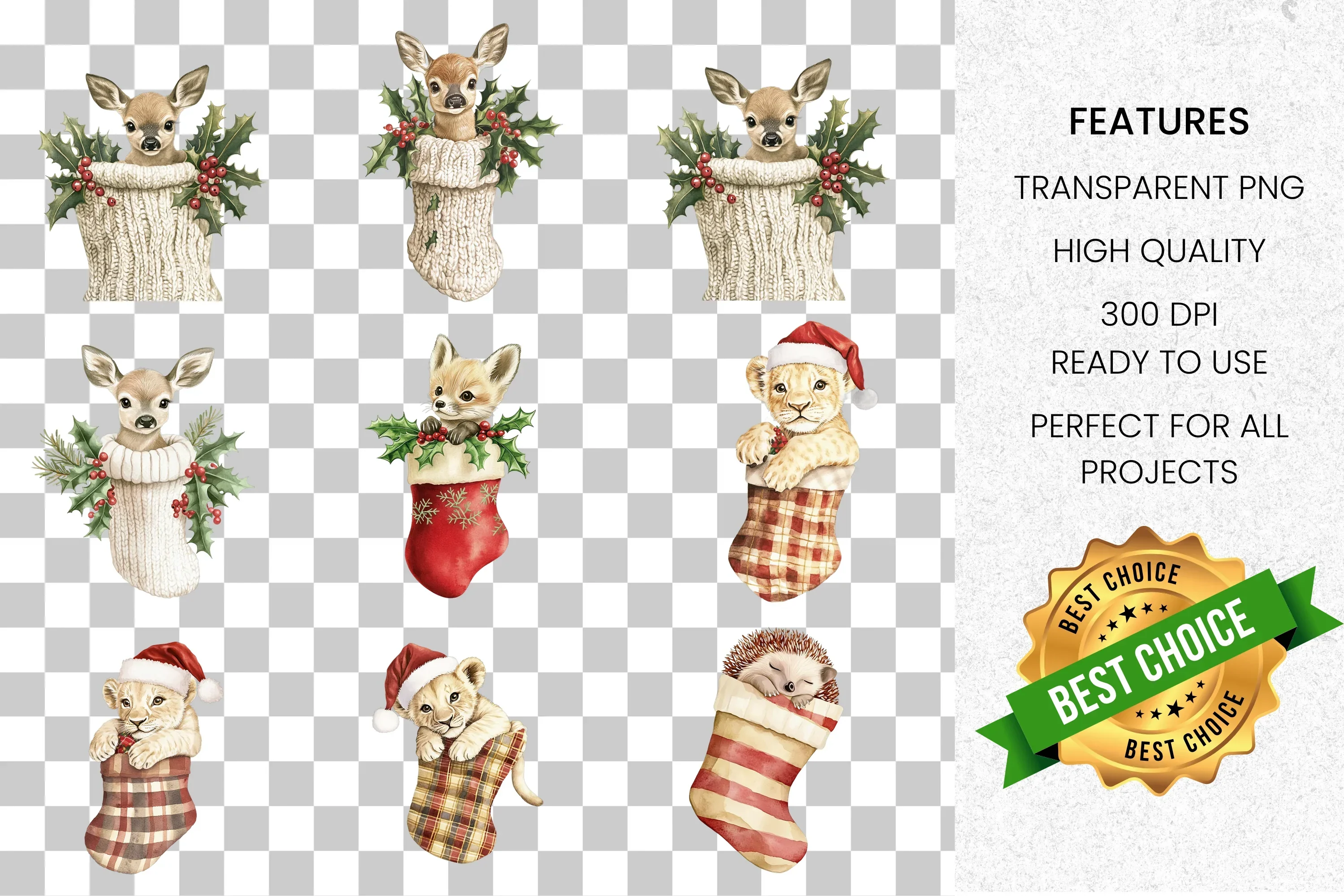 Cute Christmas Animals in Stockings Clipart Bundle - Image 2