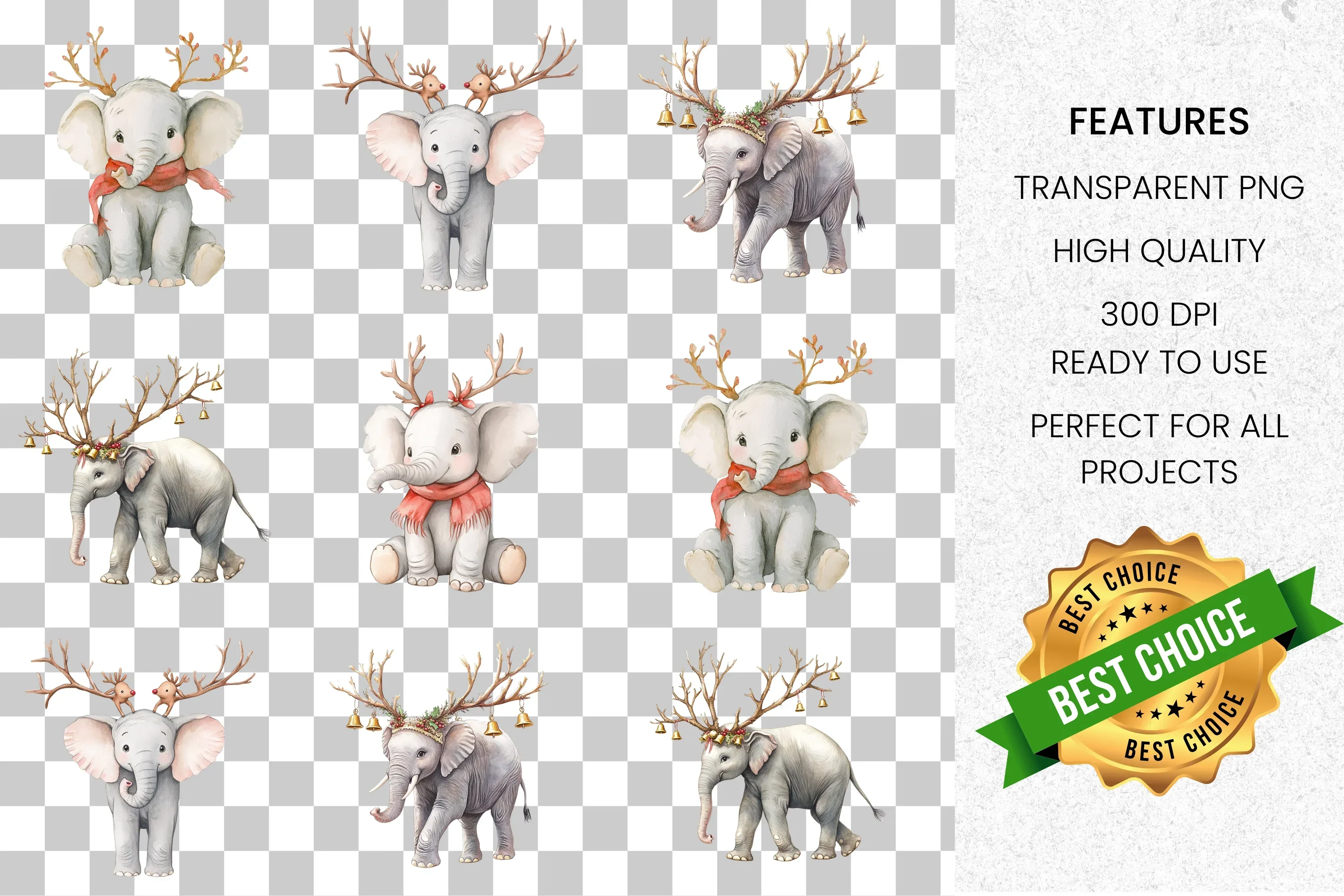 Cute Christmas Elephant Clipart Bundle - Image 2