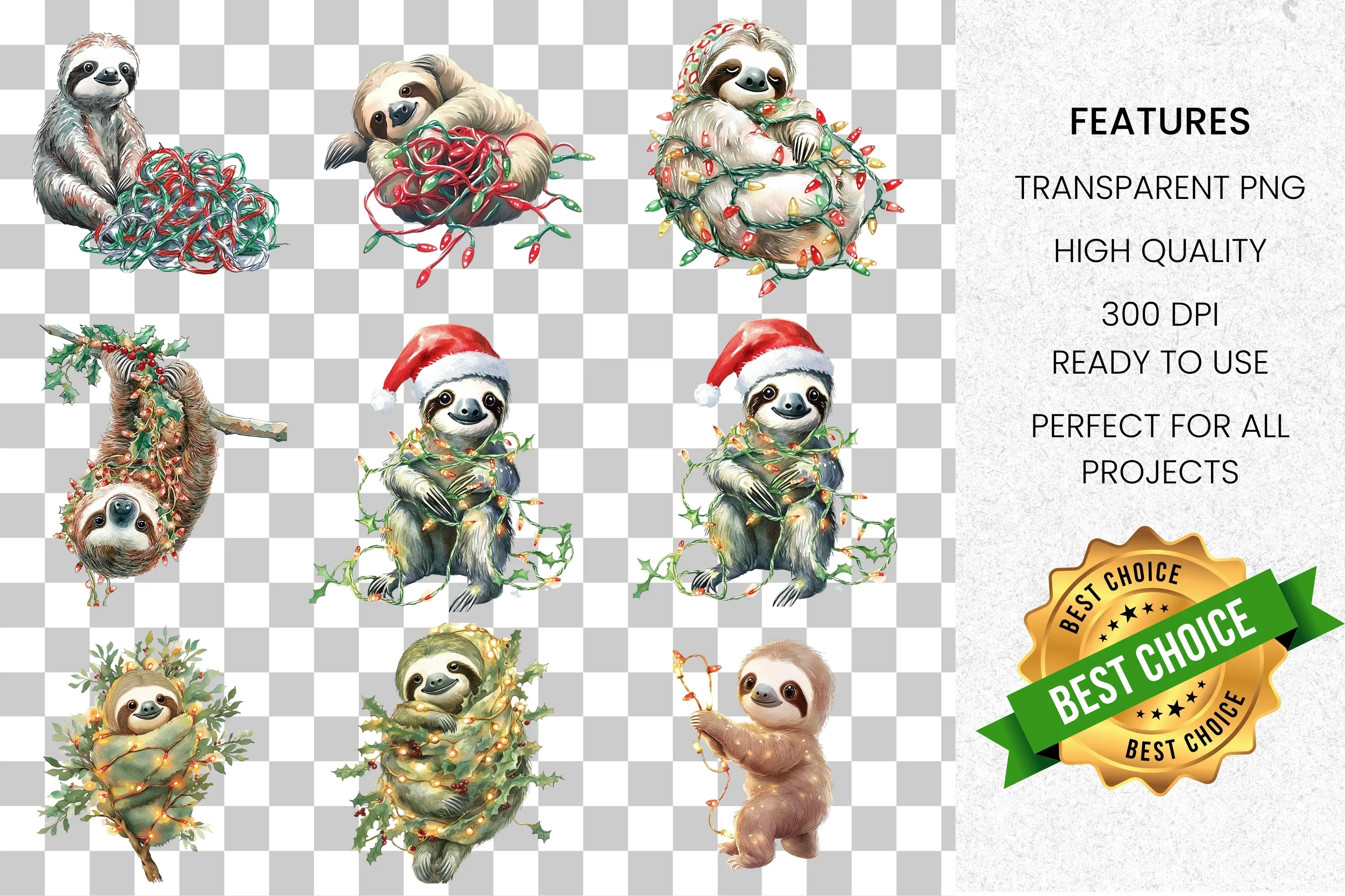 Cute Christmas Sloths Clipart Bundle - Image 2