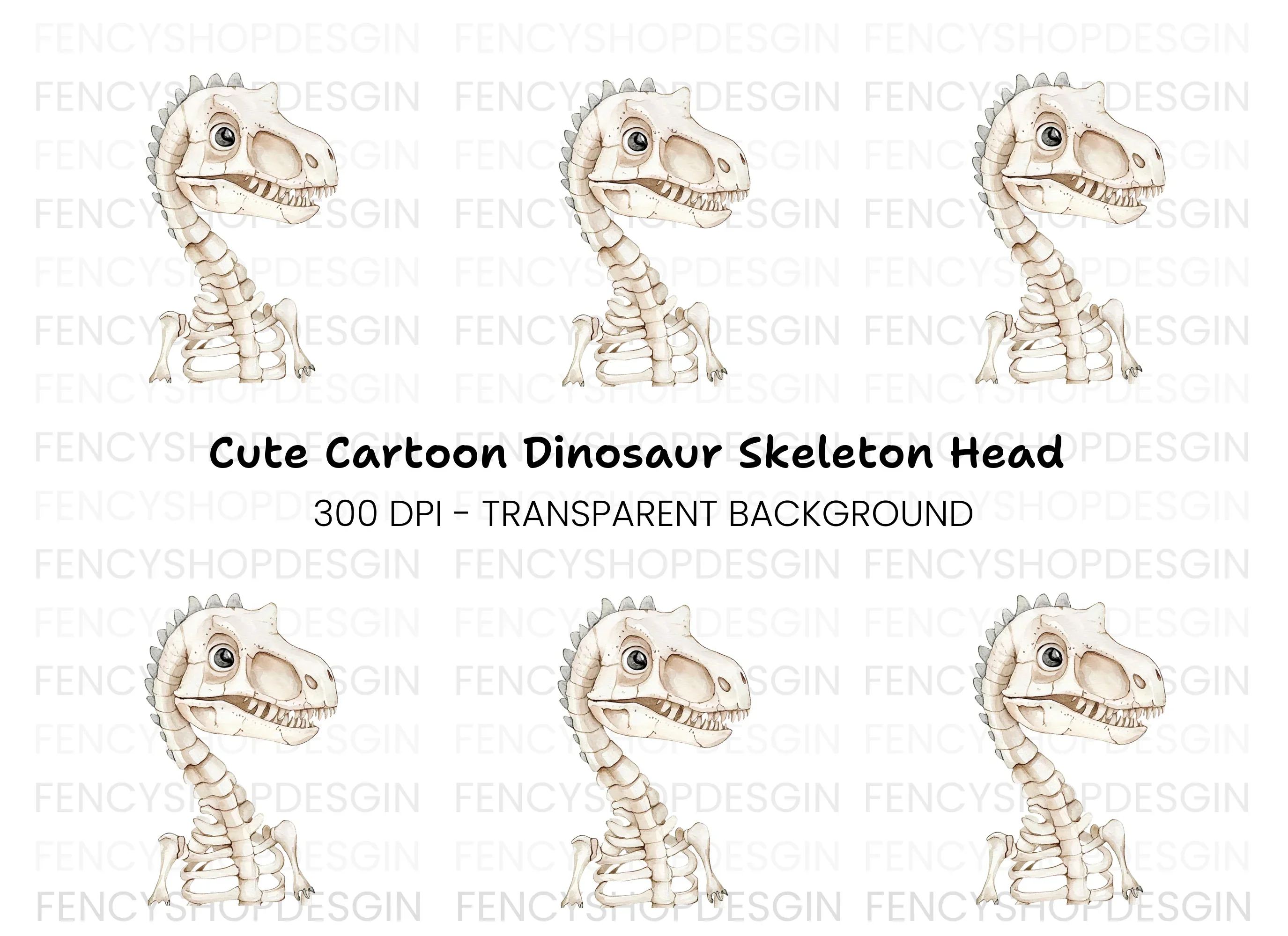 Cute Dinosaur Skeleton Head Clipart Bundle