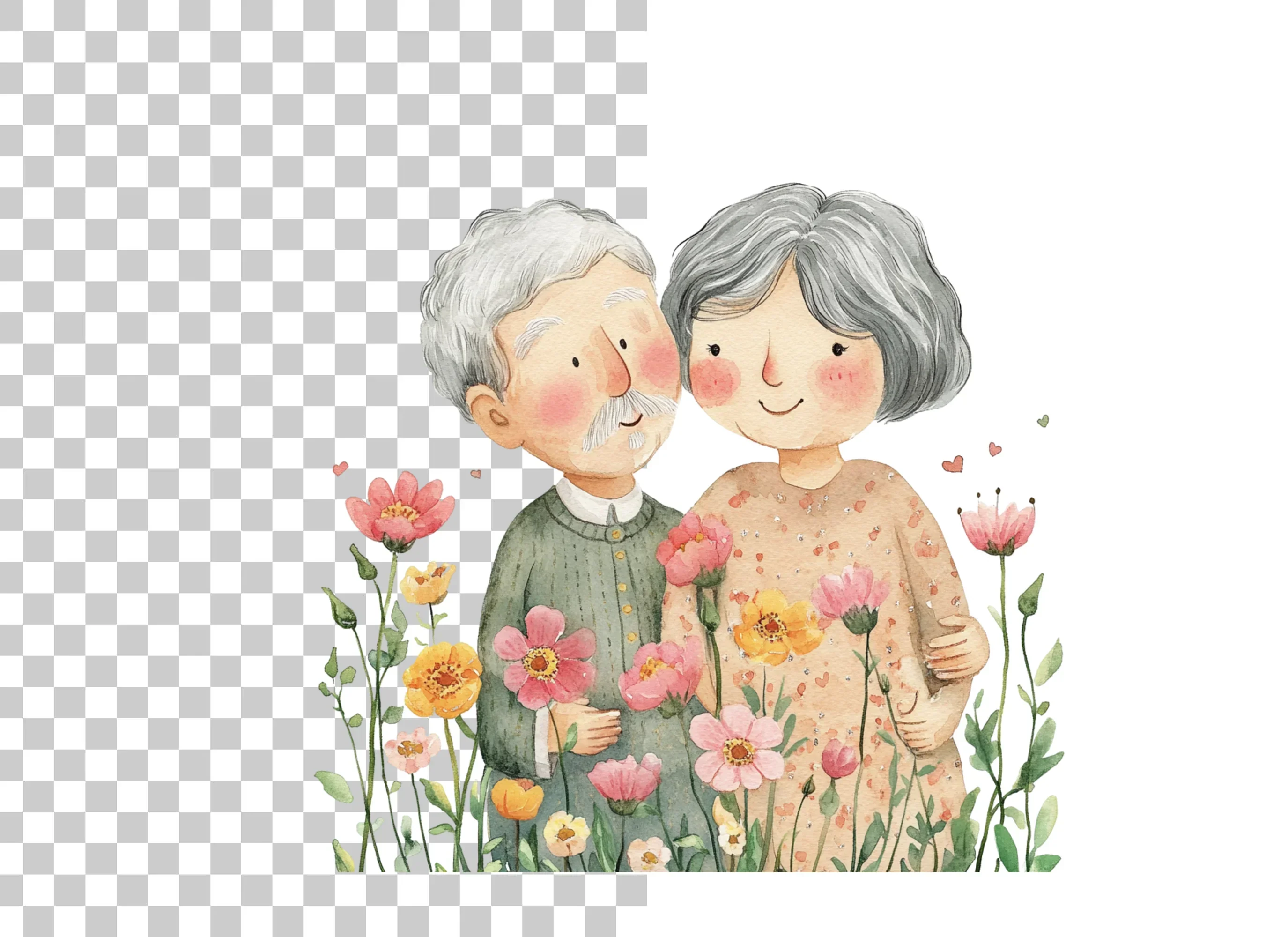 Cute Elderly Couple in Flower Garden Clipart Bundle - Image 3