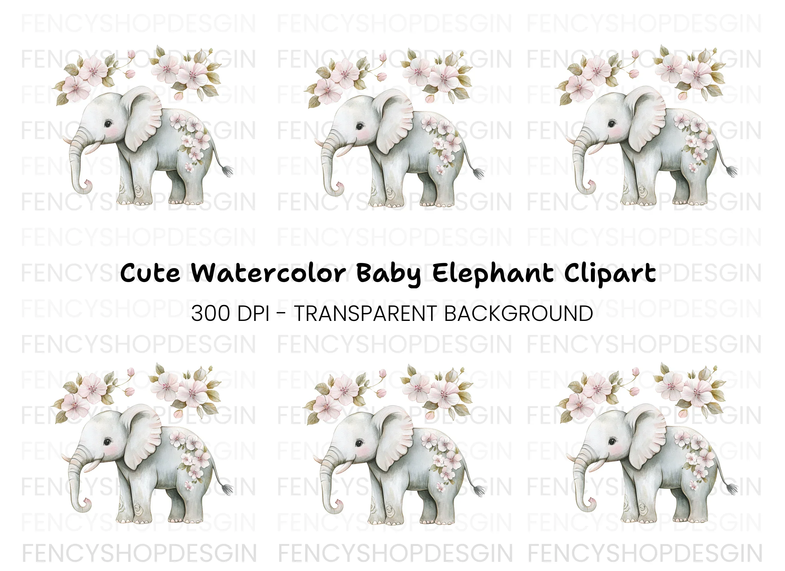 Cute Elephant with Flowers Clipart Bundle