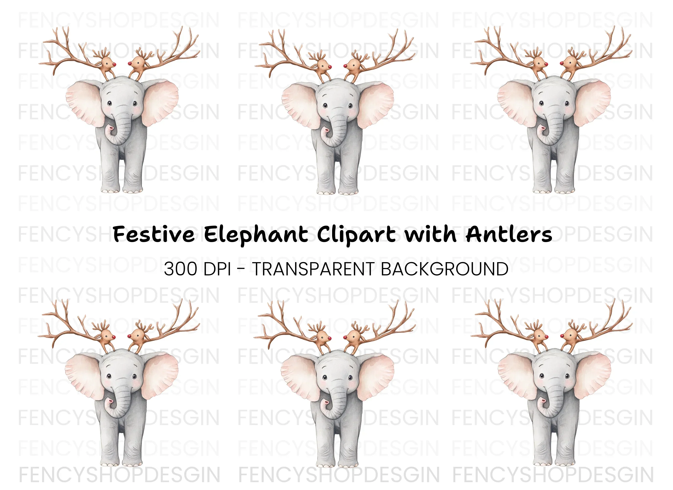 Cute Elephant with Reindeer Antlers Clipart Bundle