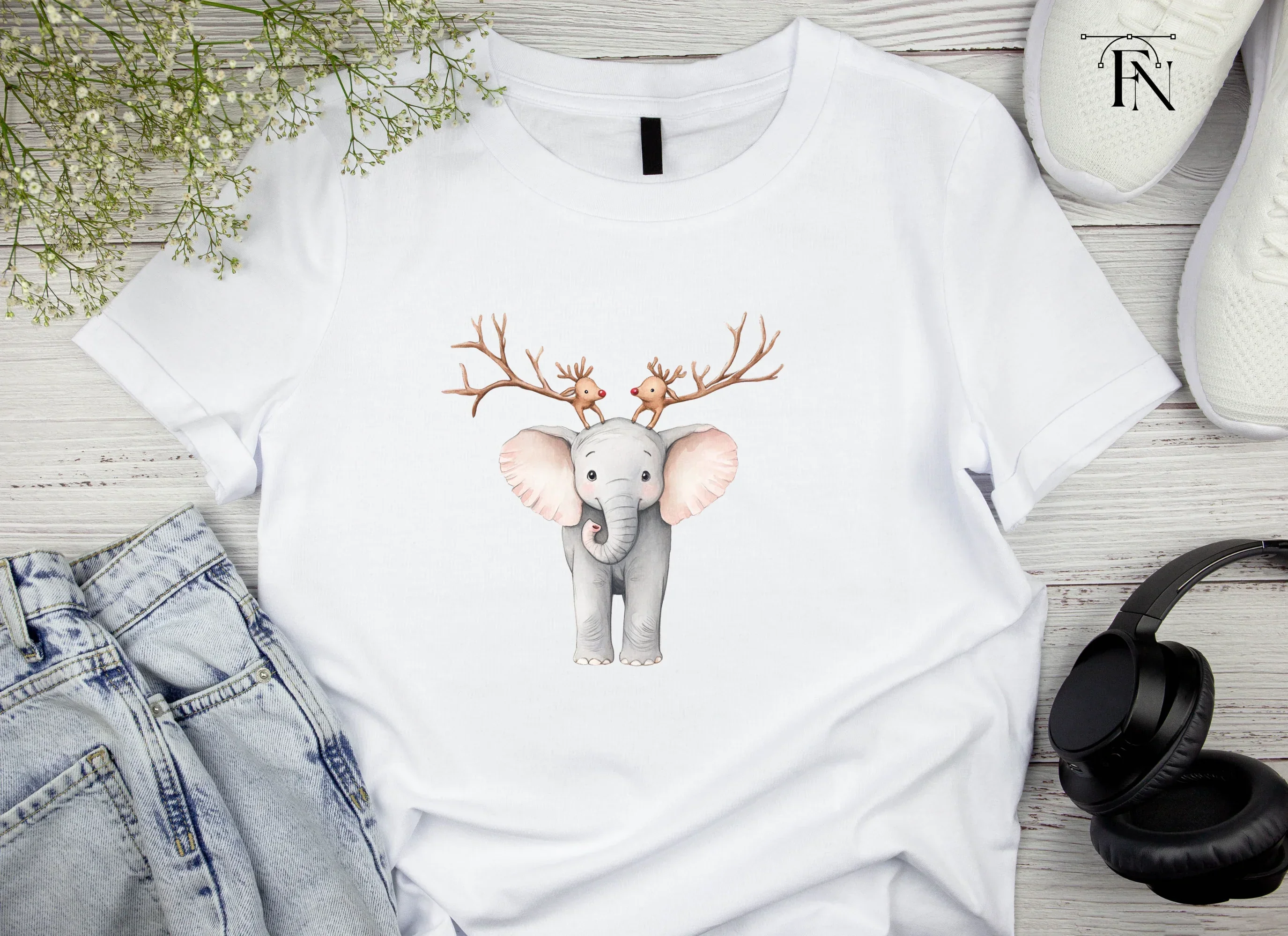 Cute Elephant with Reindeer Antlers Clipart Bundle - Image 3