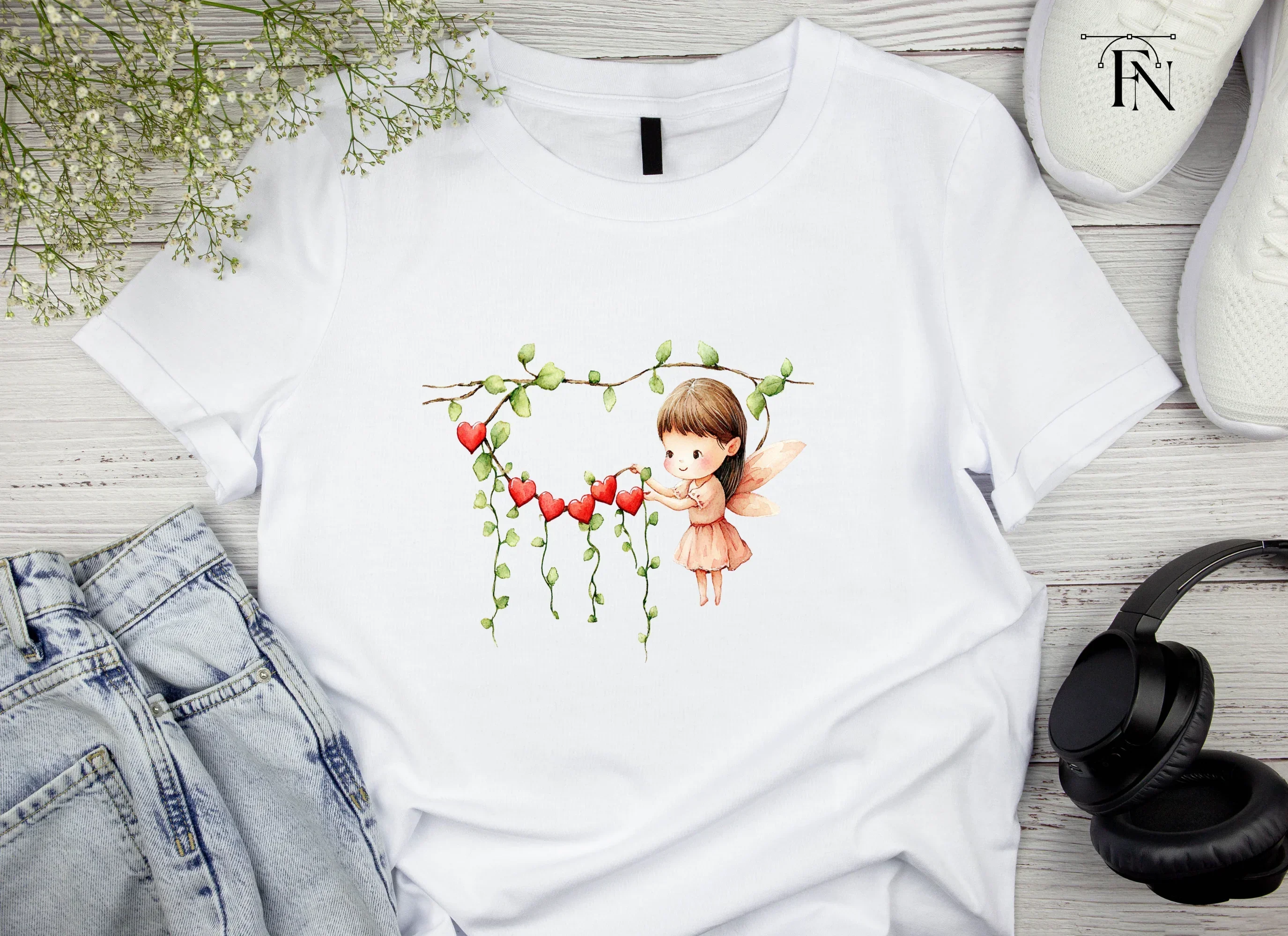 Cute Fairies with Heart Vines Clipart Bundle - Image 3