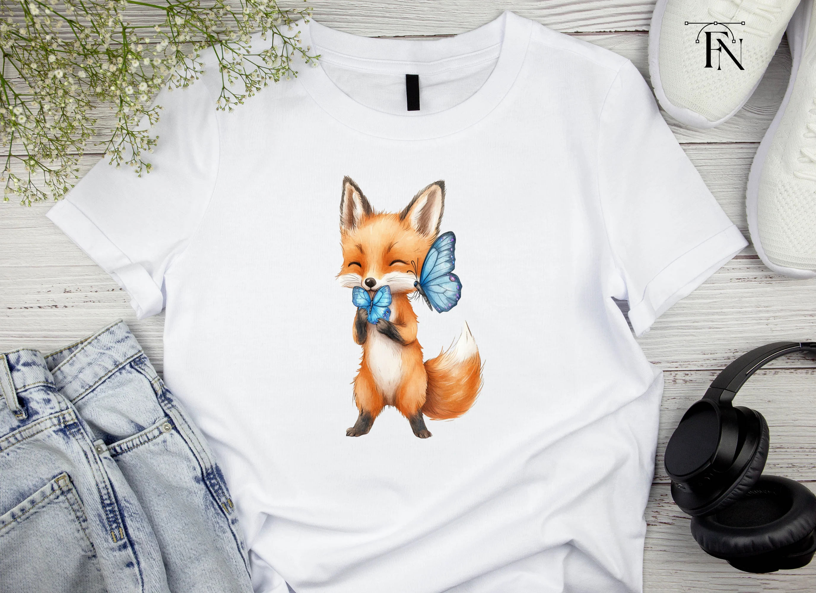 Cute Fox with Blue Butterflies Clipart Bundle - Image 5