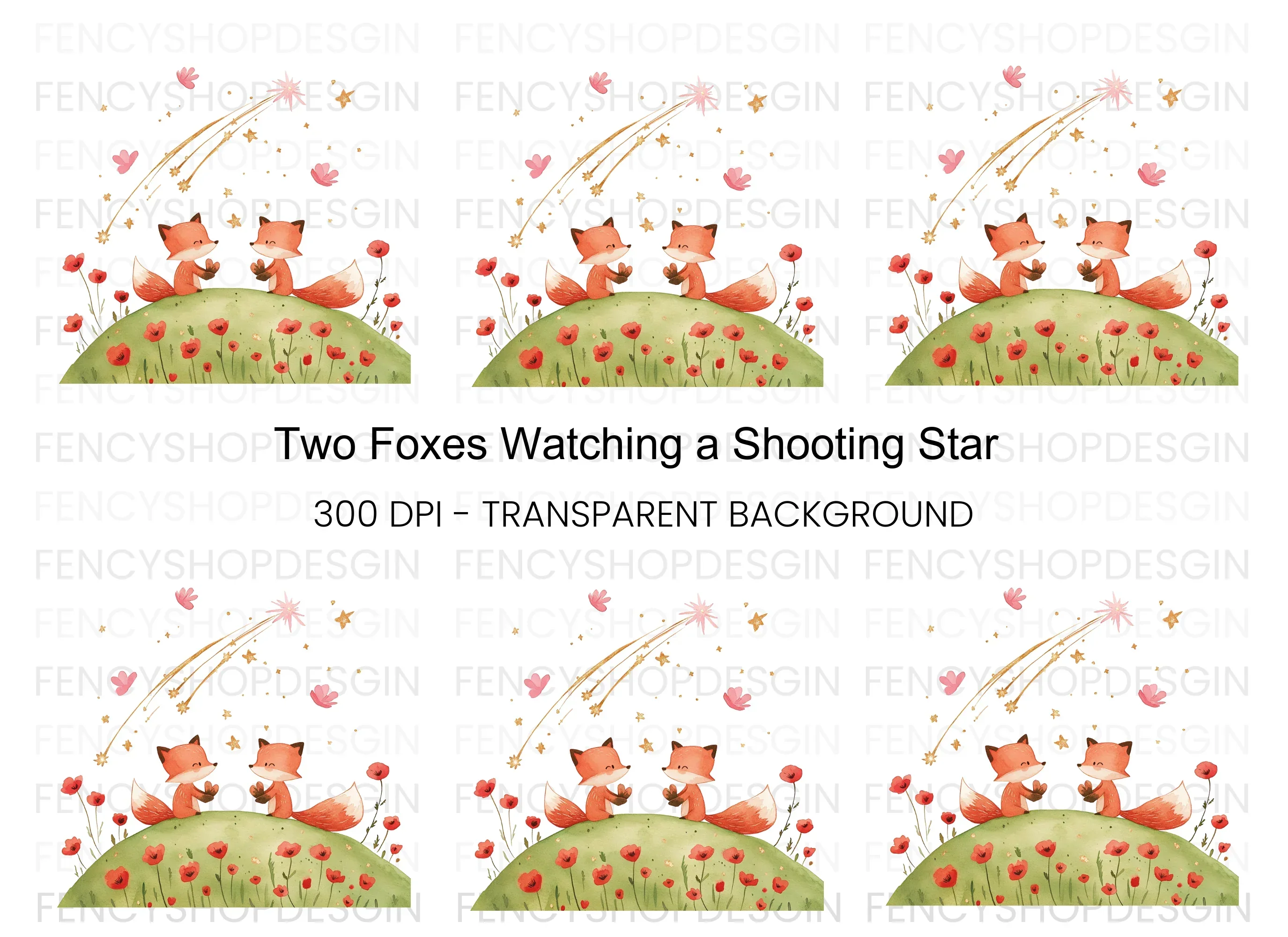 Cute Foxes Under Shooting Star Clipart Bundle