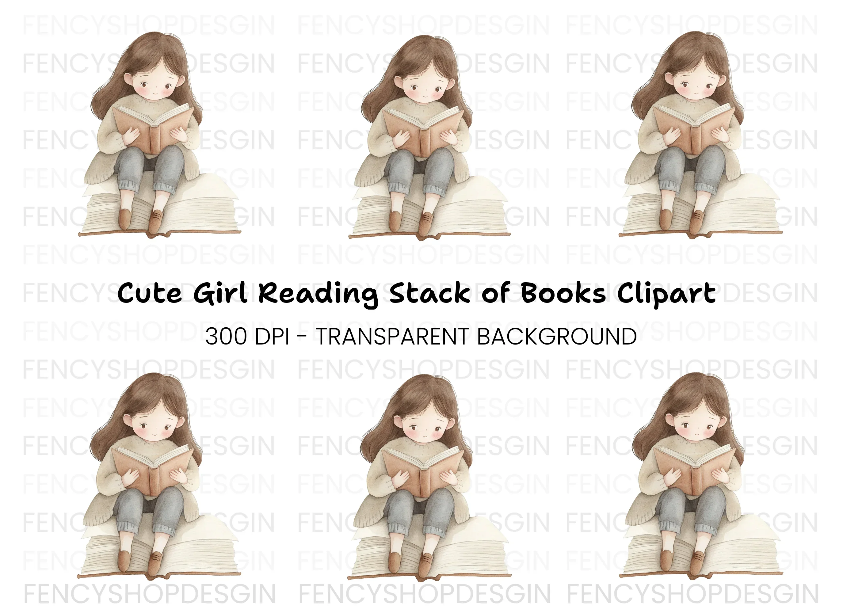 Cute Girl Reading Book Clipart Bundle
