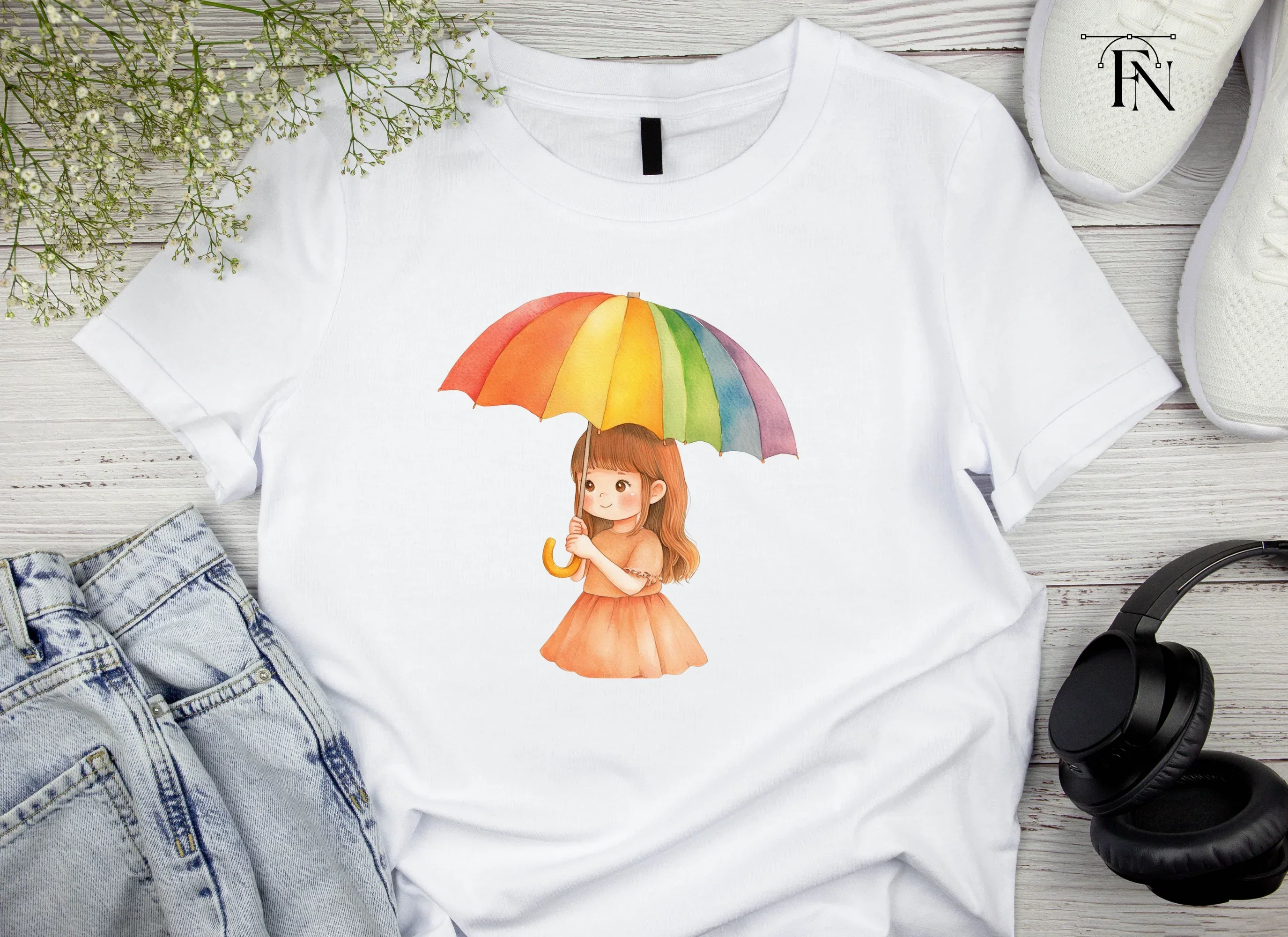 Cute Girl with Rainbow Umbrella Clipart Bundle - Image 4